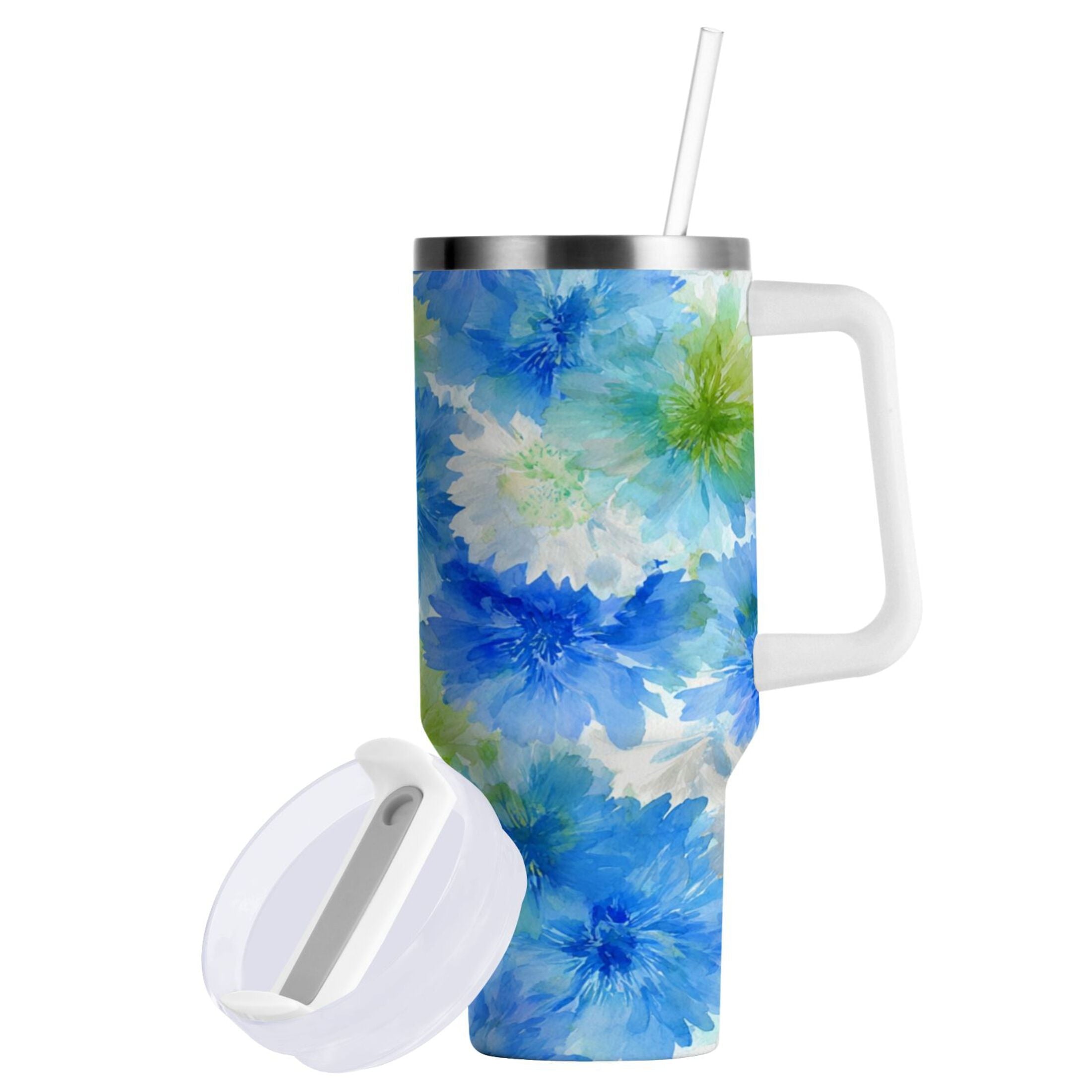 40 oz Insulated Stainless Steel Tumbler Double Wall Stainless Steel Tumbler with 2-Way Drinking Watercolor Blue Cornflowers D90W