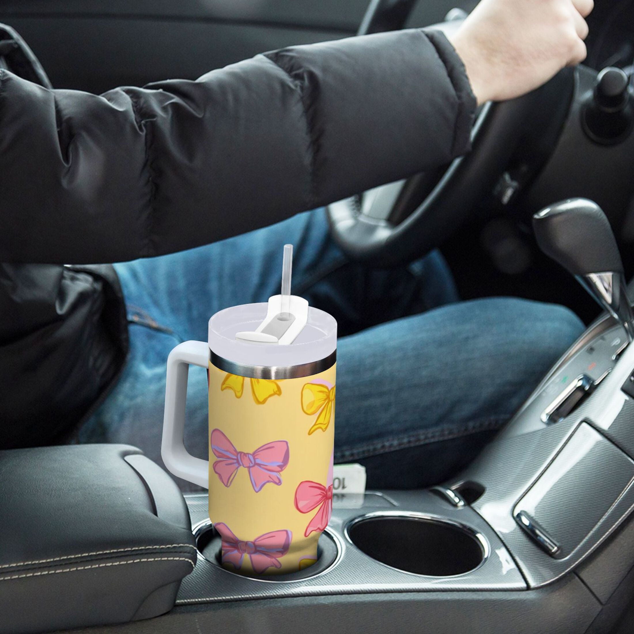 30 oz Insulated Stainless Steel Tumbler Double Wall Stainless Steel Tumbler with 2-Way Drinking Yellow and Pink Bows HCPH