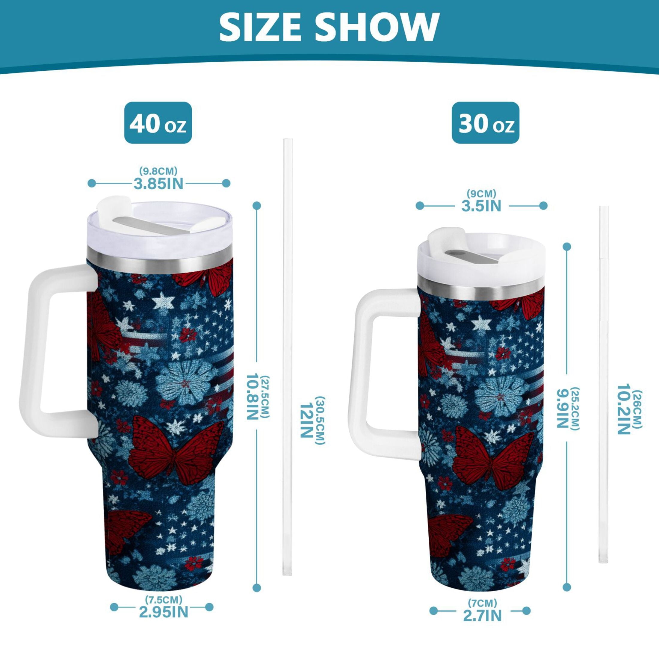 30 oz Insulated Stainless Steel Tumbler Double Wall Stainless Steel Tumbler with 2-Way Drinking Red Butterflies and Flags CB52