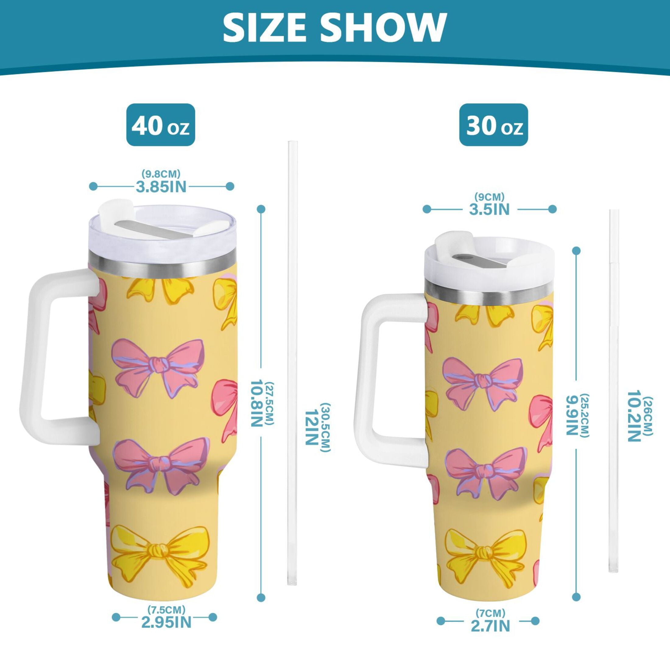 30 oz Insulated Stainless Steel Tumbler Double Wall Stainless Steel Tumbler with 2-Way Drinking Yellow and Pink Bows HCPH