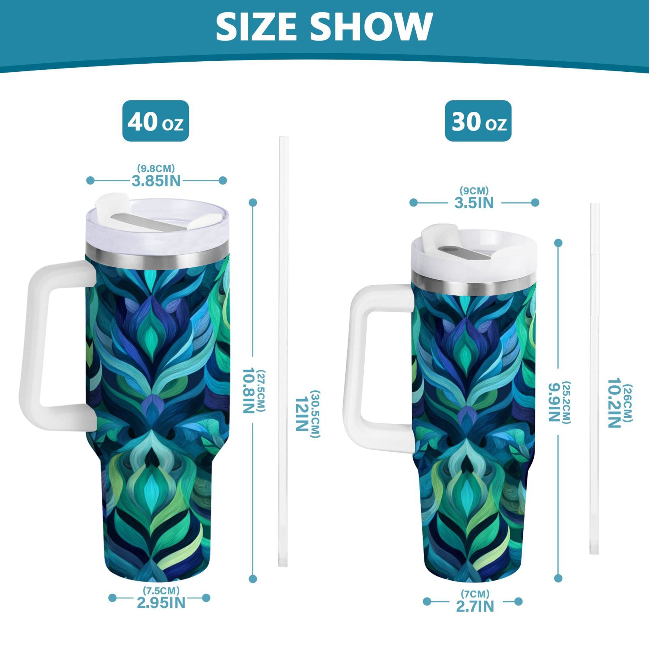 40 oz Insulated Stainless Steel Tumbler Double Wall Stainless Steel Tumbler with 2-Way Drinking Elegant Blue Abstract Shapes 8BDA