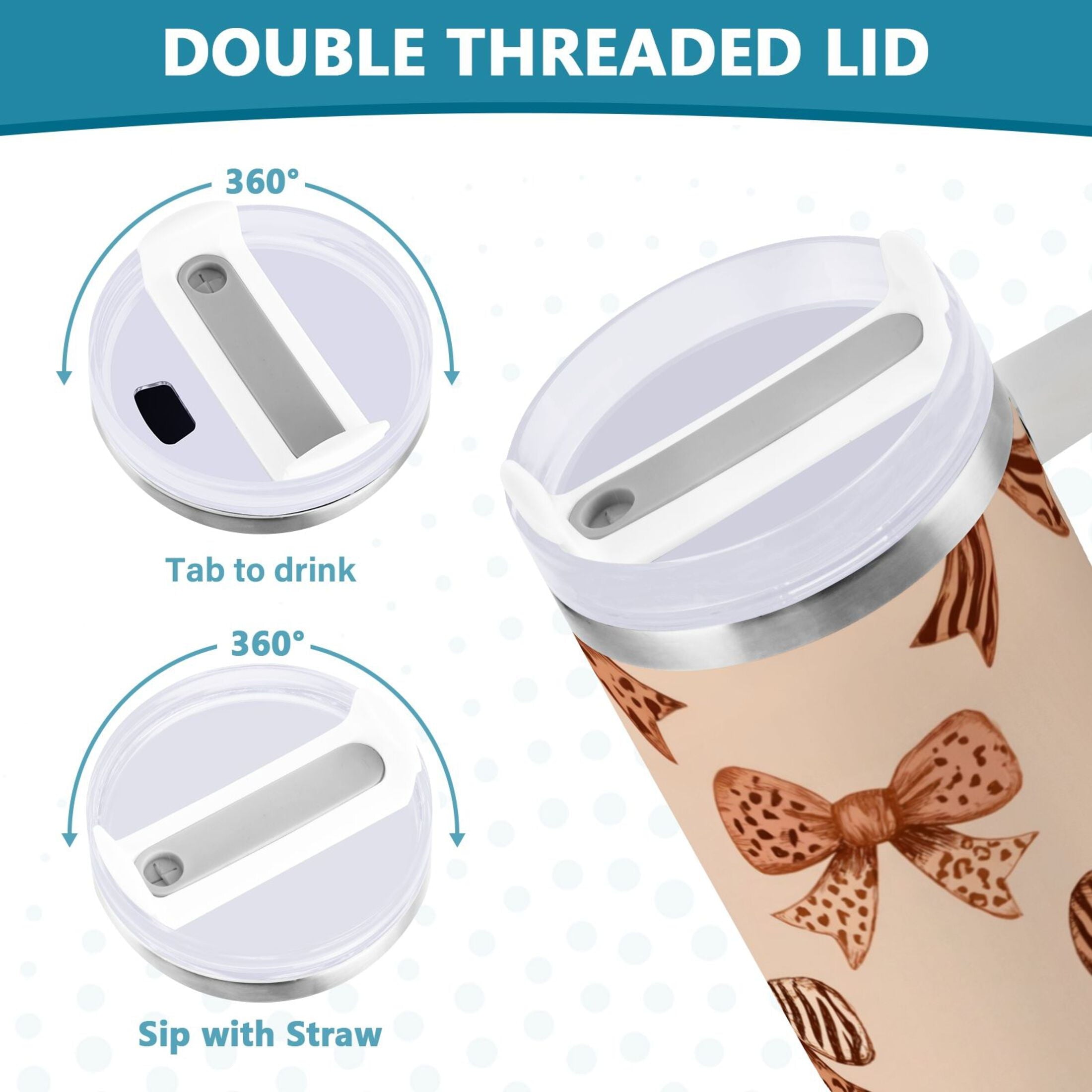 40 oz Insulated Stainless Steel Tumbler Double Wall Stainless Steel Tumbler with 2-Way Drinking Leopard Print Bow 59TL