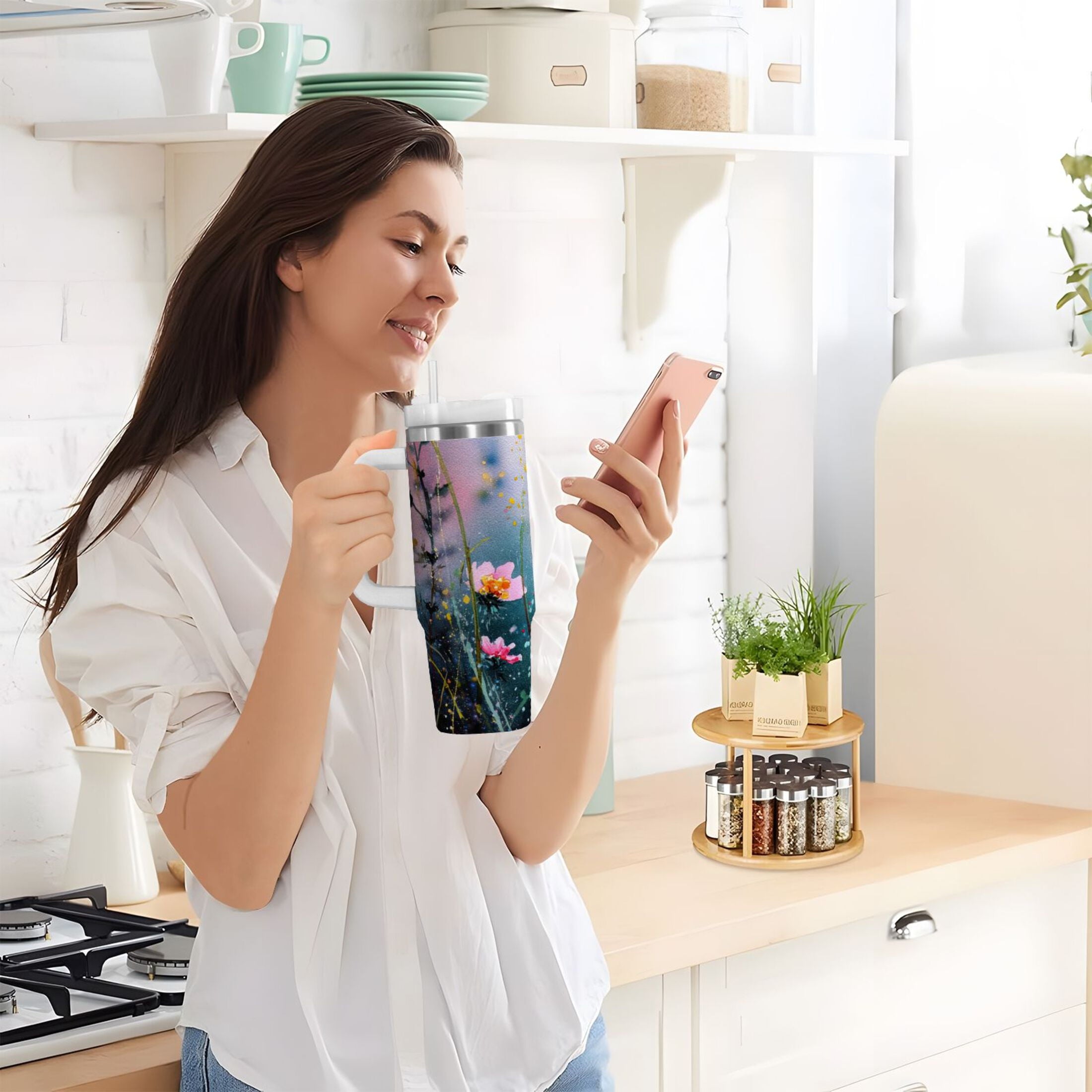 40 oz Insulated Stainless Steel Tumbler Double Wall Stainless Steel Tumbler with 2-Way Drinking Abstract Wildflowers UZH3