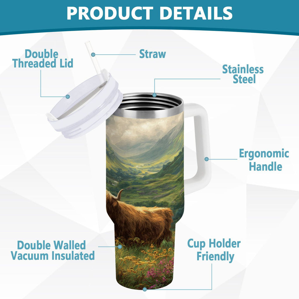 30 oz Insulated Stainless Steel Tumbler Double Wall Stainless Steel Tumbler with 2-Way Drinking Cow in Green Rolling Hills 2PST