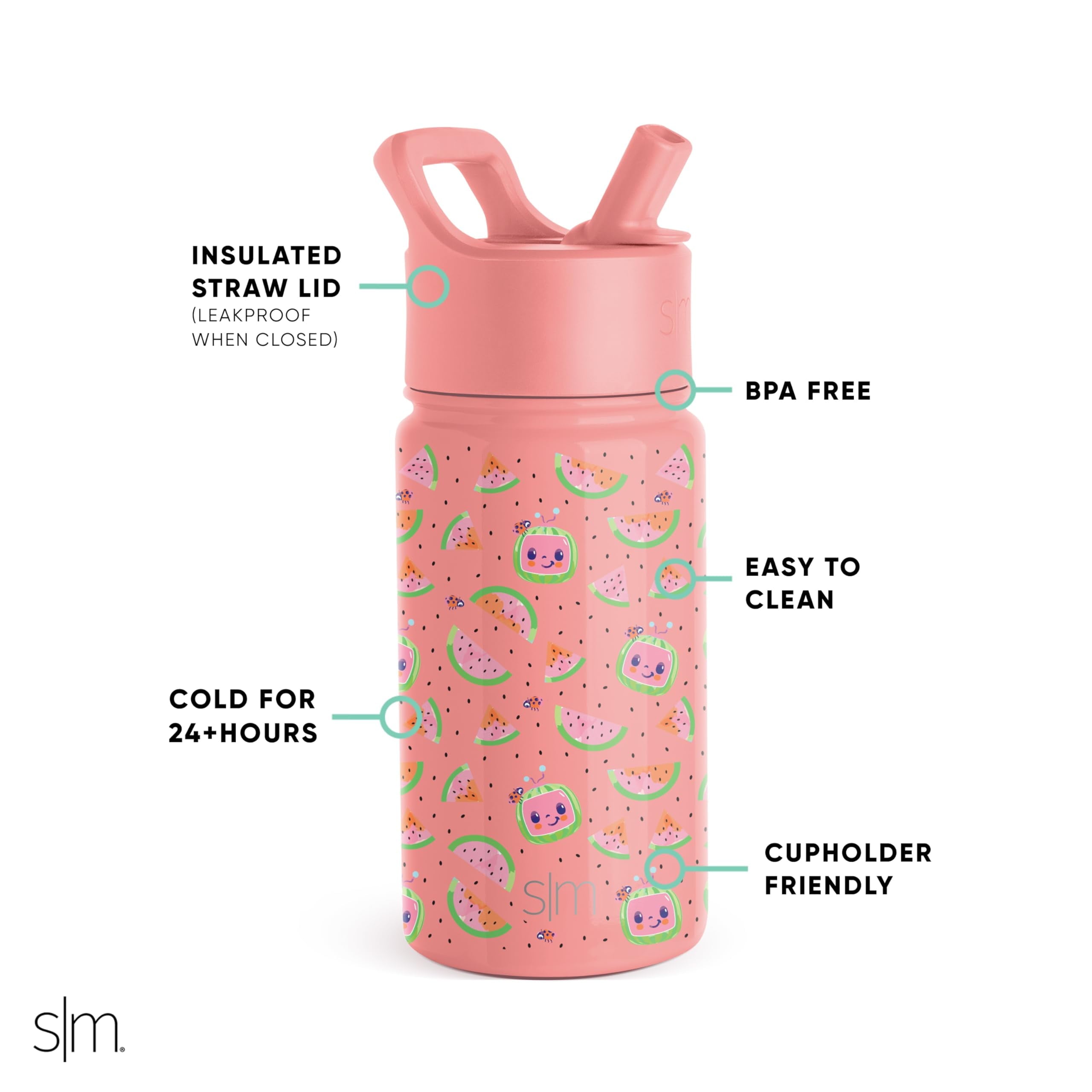 Simple Modern CoComelon Kids Water Bottle with Straw Lid | Insulated Stainless Steel Reusable Tumbler for Toddlers, Girls | Summit Collection | 14oz, CoComelon Pink Melon AVOR