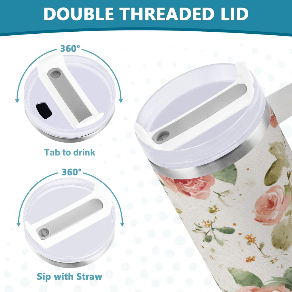 40 oz Insulated Stainless Steel Tumbler Double Wall Stainless Steel Tumbler with 2-Way Drinking Watercolor Rose Floral Pattern 3Q7D