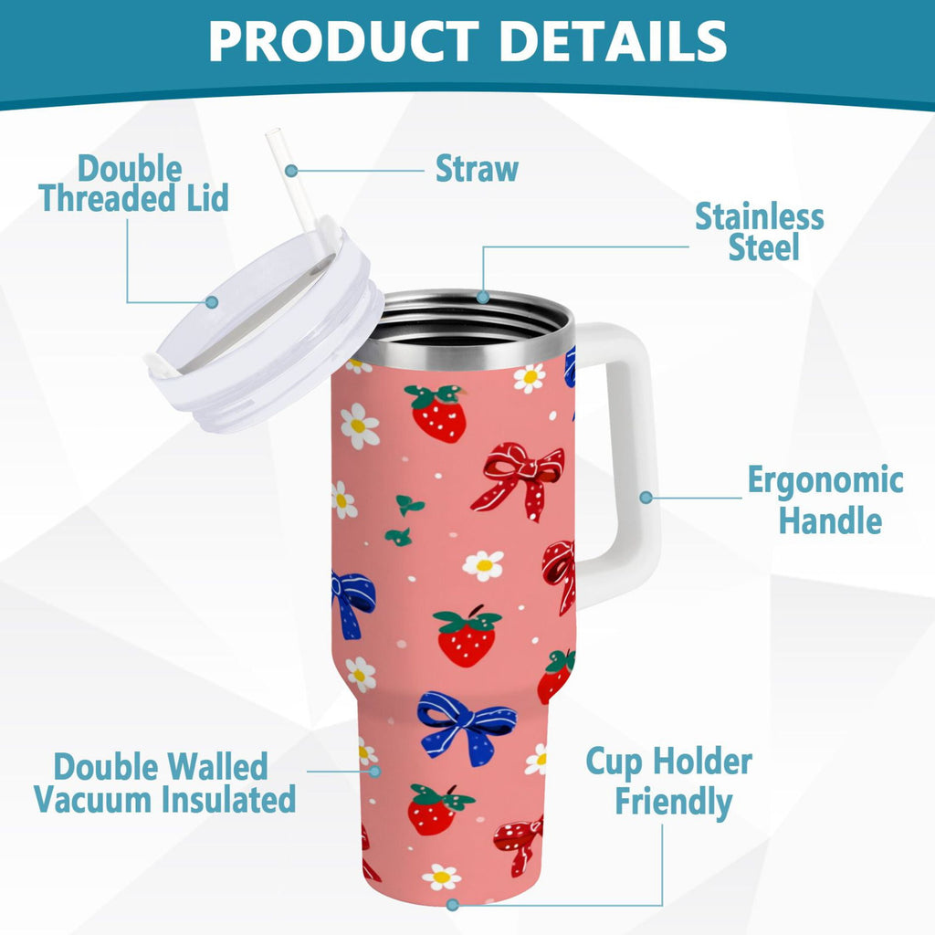 40 oz Insulated Stainless Steel Tumbler Double Wall Stainless Steel Tumbler with 2-Way Drinking Bows and Strawberries Pattern BD1V