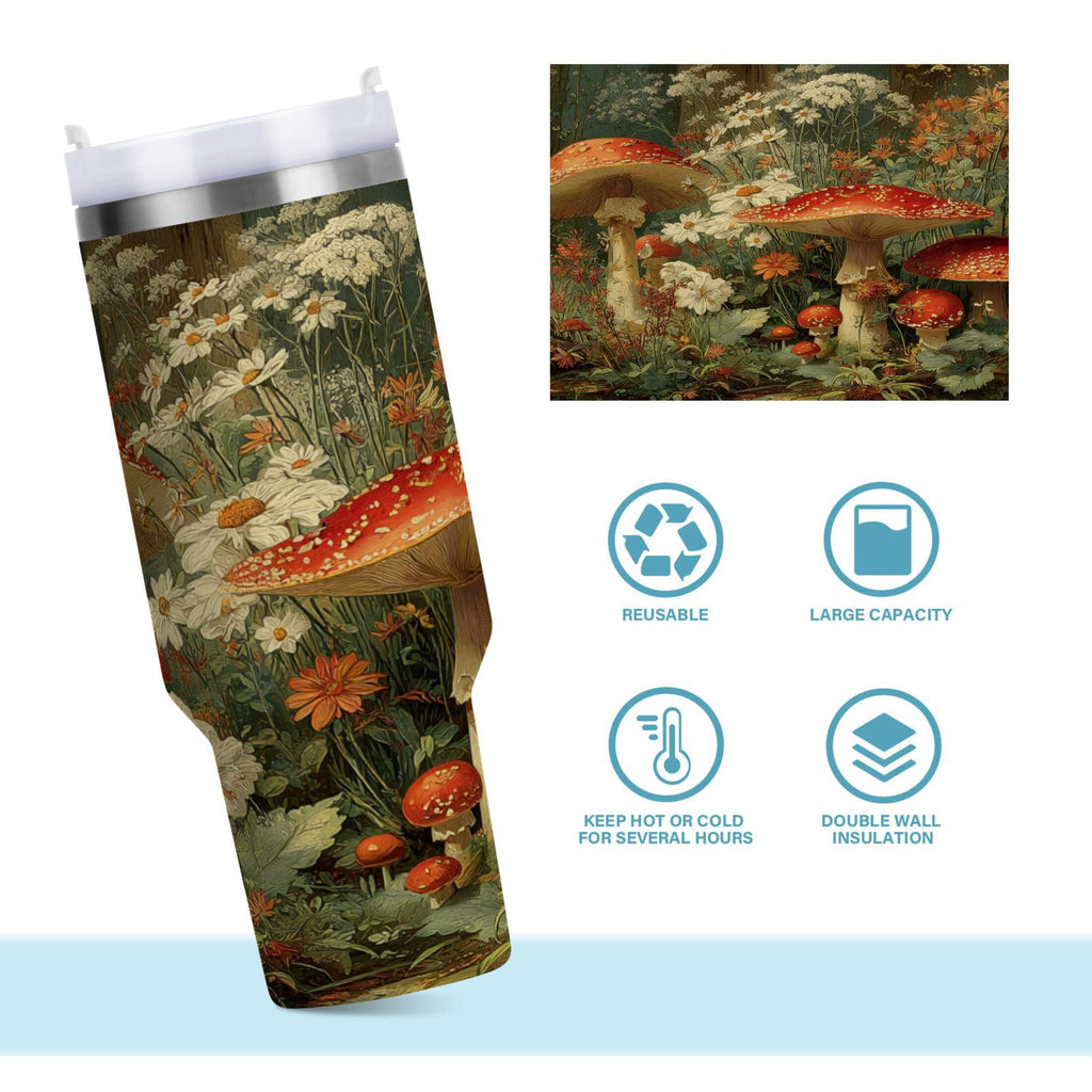 40 oz Insulated Stainless Steel Tumbler Double Wall Stainless Steel Tumbler with 2-Way Drinking Red Mushrooms A64G