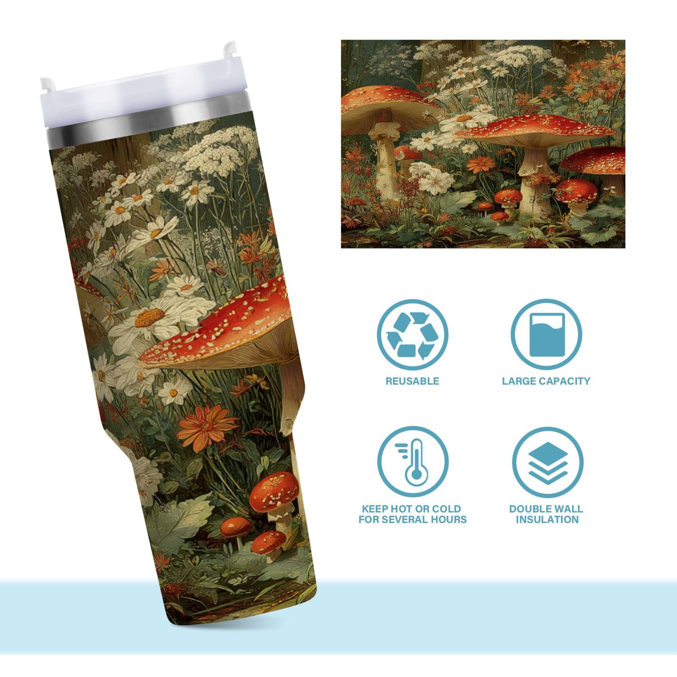40 oz Insulated Stainless Steel Tumbler Double Wall Stainless Steel Tumbler with 2-Way Drinking Red Mushrooms A64G
