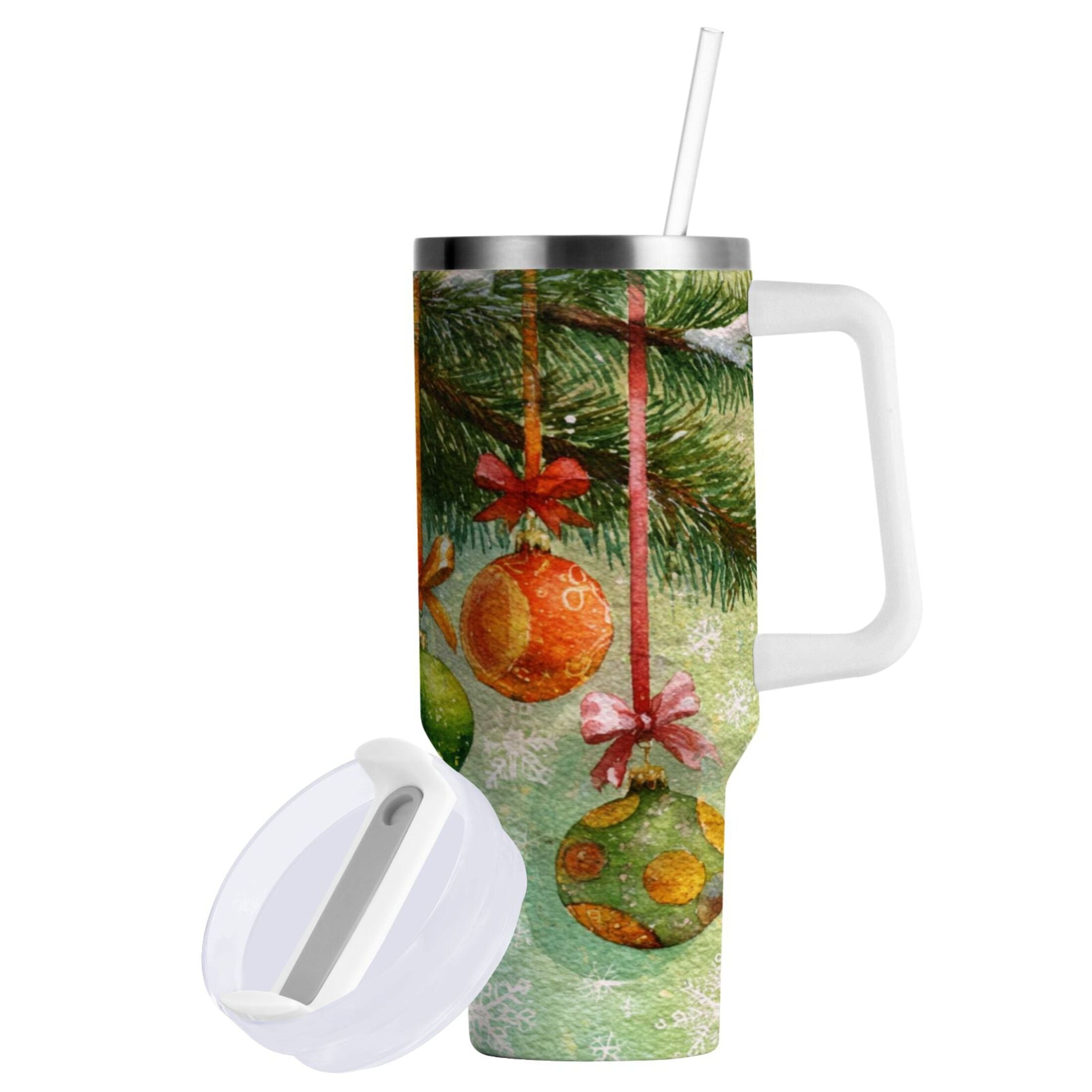 30 oz Insulated Stainless Steel Tumbler Double Wall Stainless Steel Tumbler with 2-Way Drinking Christmas Ornaments Watercolor Painting VLIN