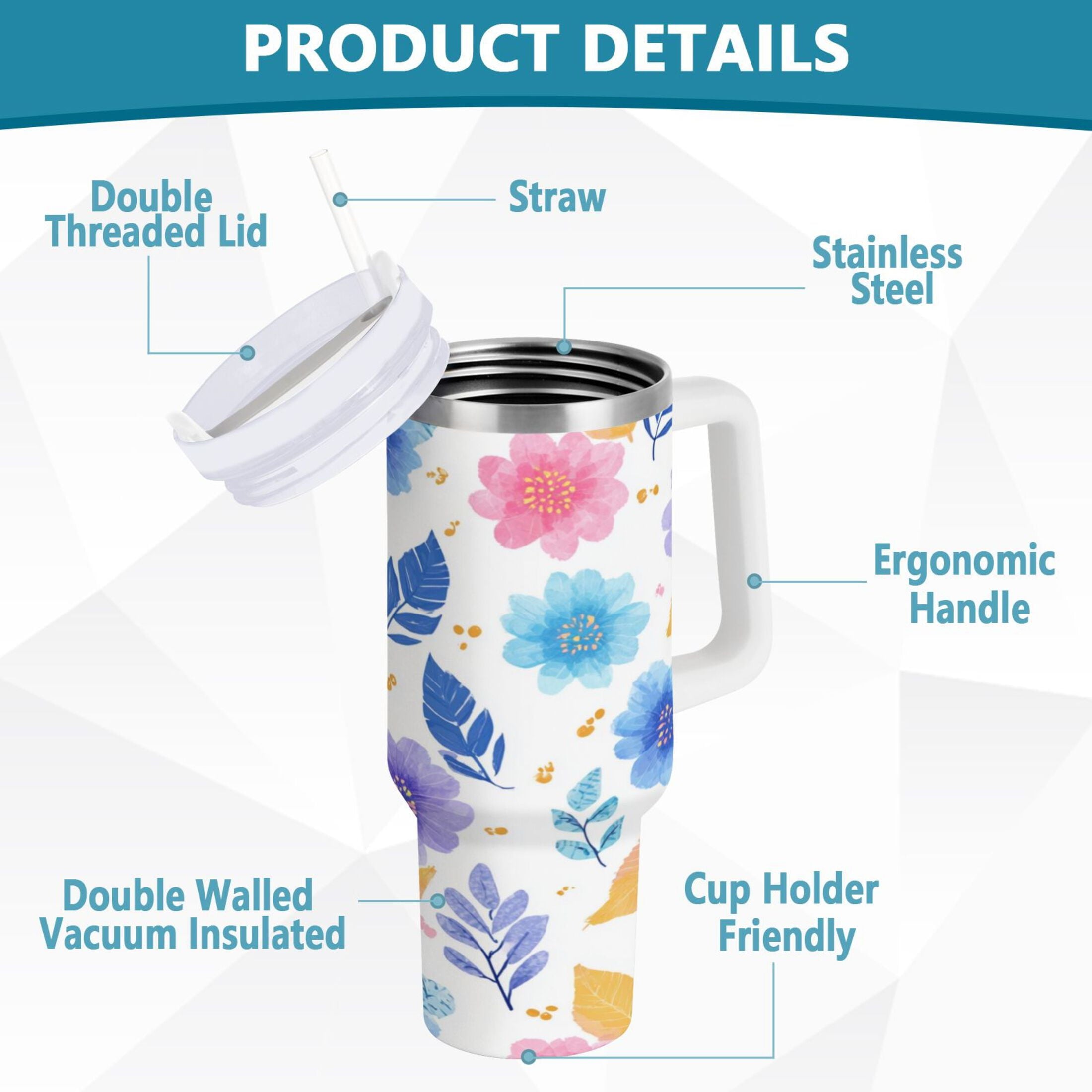 30 oz Insulated Stainless Steel Tumbler Double Wall Stainless Steel Tumbler with 2-Way Drinking Blue and Purple Flowers 48W9
