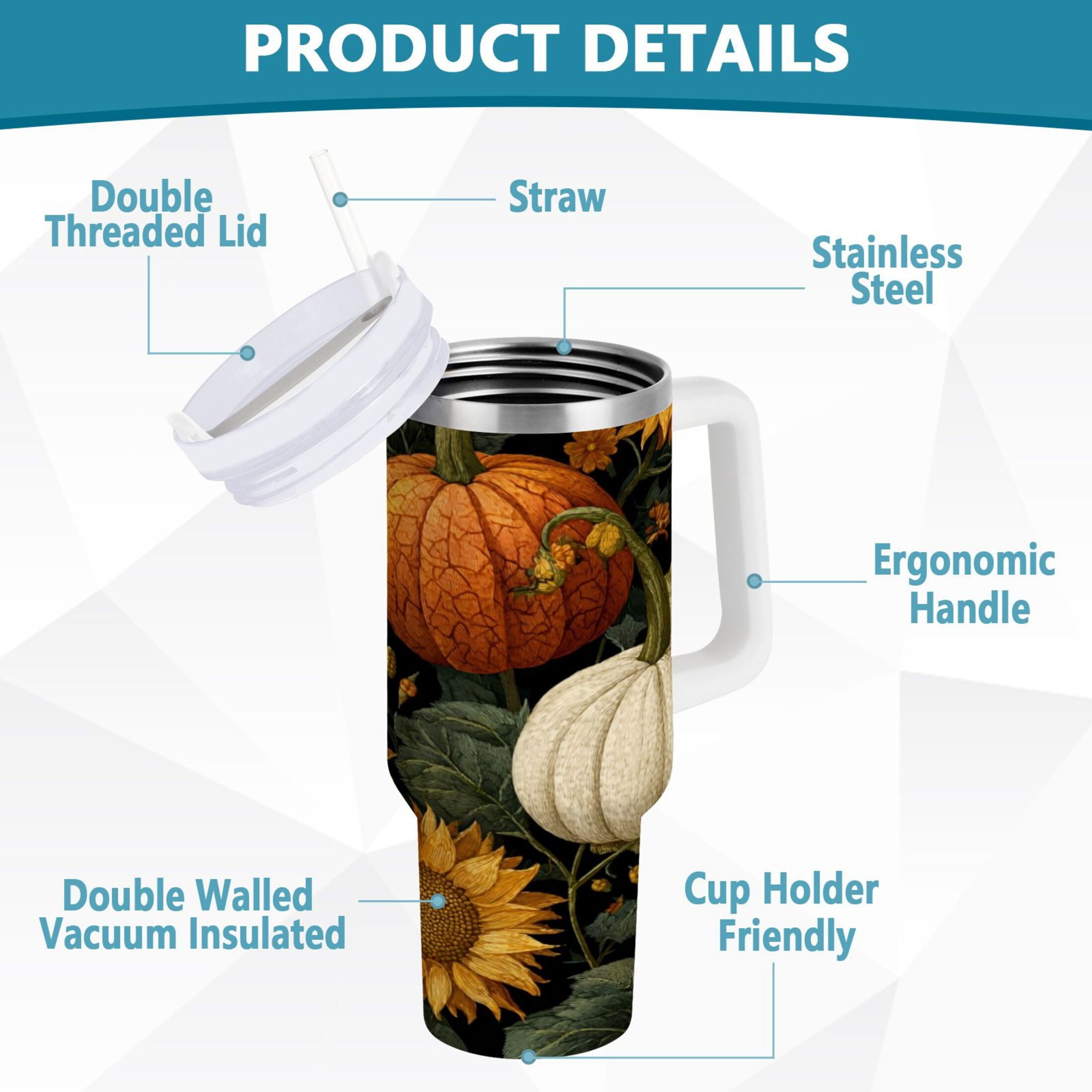 40 oz Insulated Stainless Steel Tumbler Double Wall Stainless Steel Tumbler with 2-Way Drinking Pumpkins and Sunflowers Pattern RK8B