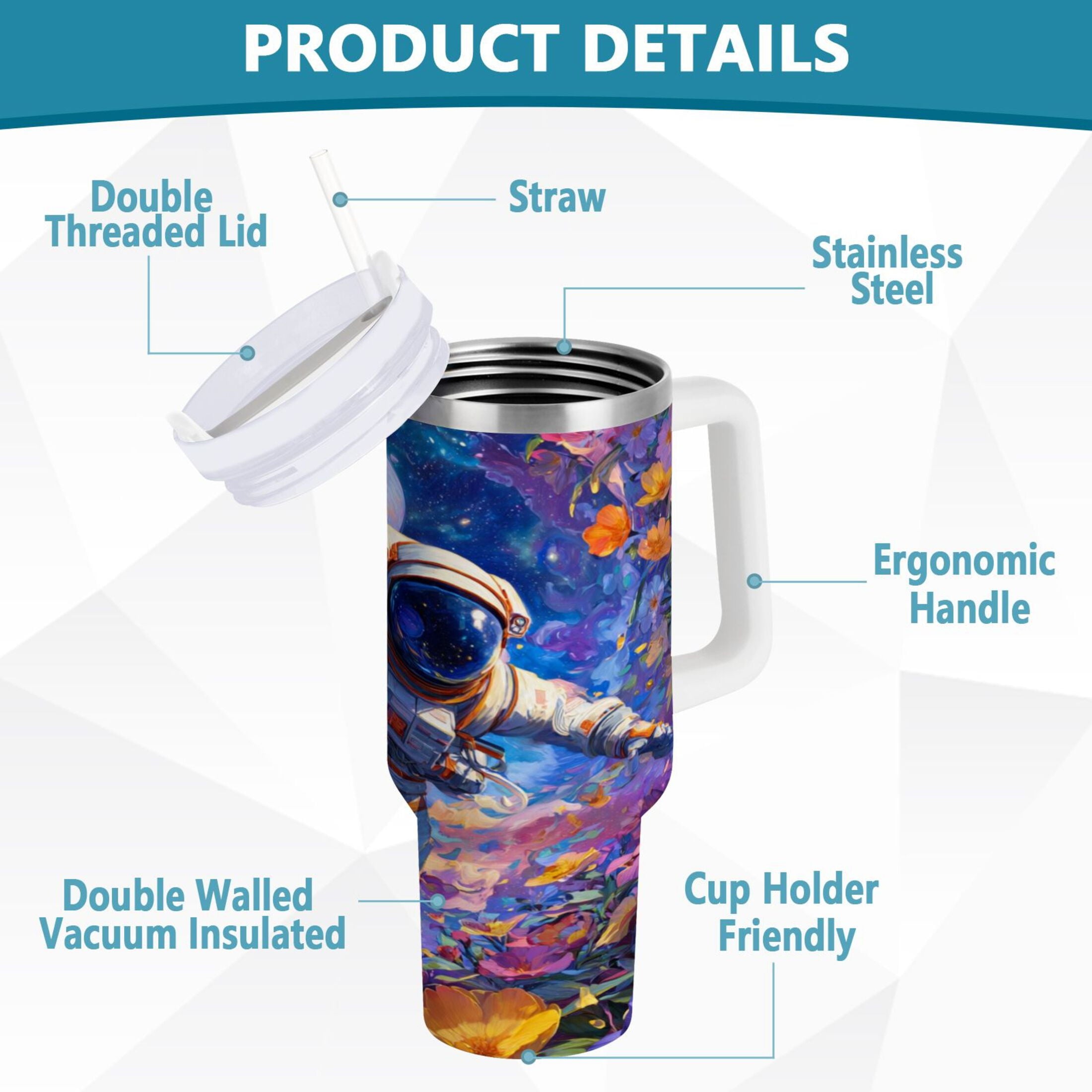 40 oz Insulated Stainless Steel Tumbler Double Wall Stainless Steel Tumbler with 2-Way Drinking Astronaut and Colorful Flowers 2CCT
