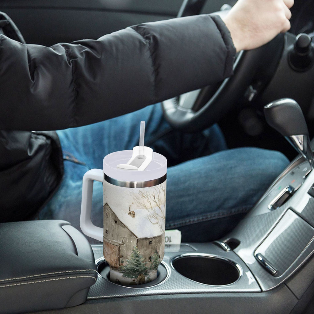 40 oz Insulated Stainless Steel Tumbler Double Wall Stainless Steel Tumbler with 2-Way Drinking Farm Snow Scene 7QPQ