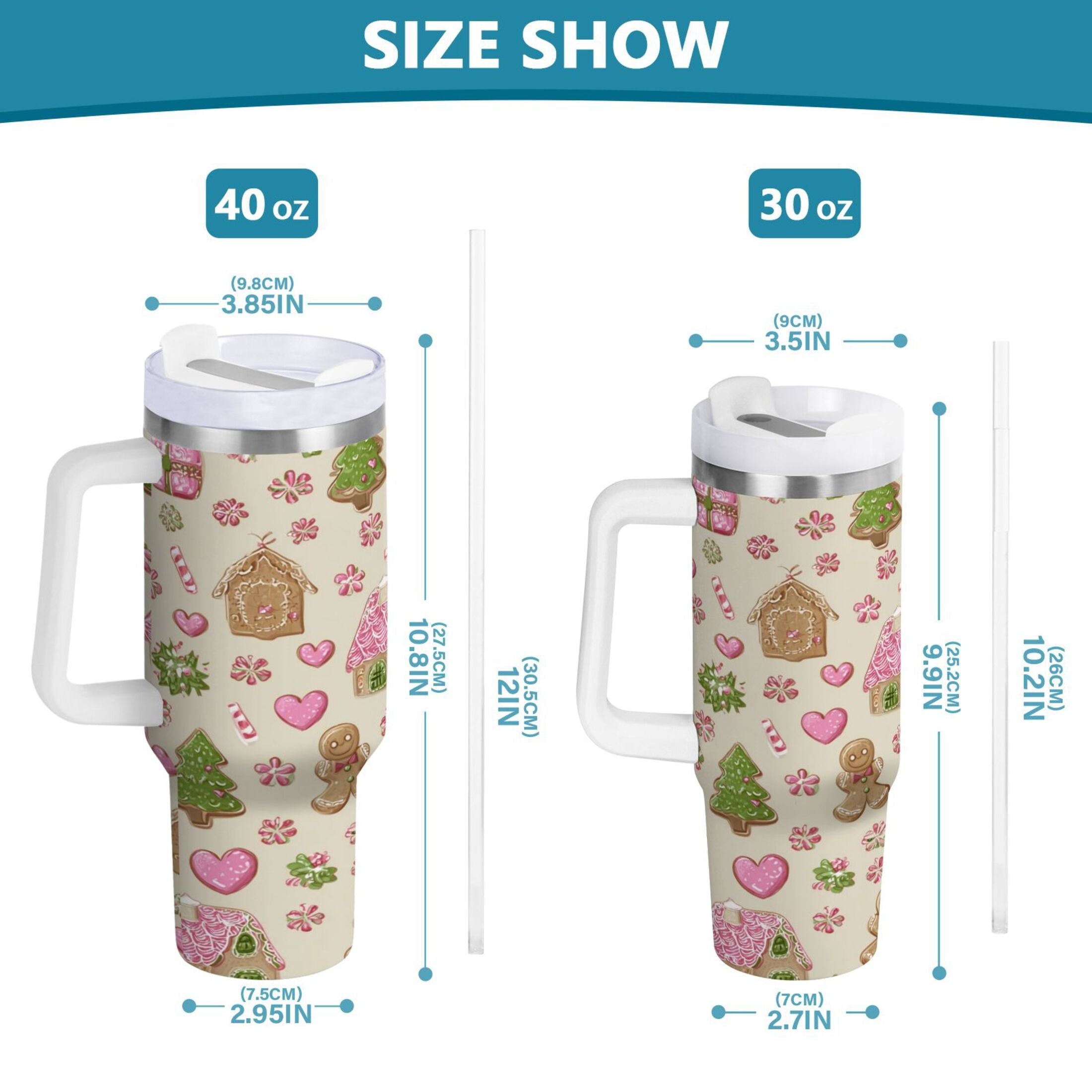 40 oz Insulated Stainless Steel Tumbler Double Wall Stainless Steel Tumbler with 2-Way Drinking Pink Cute Christmas Pattern OAJ2