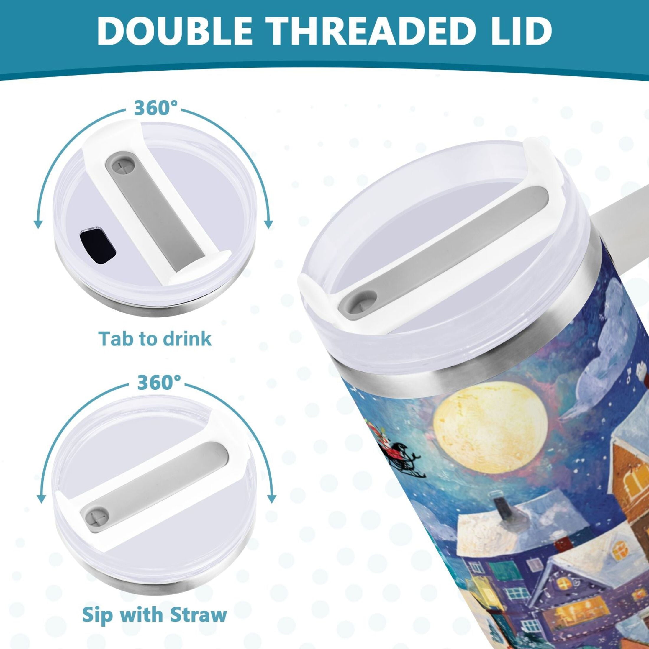 30 oz Insulated Stainless Steel Tumbler Double Wall Stainless Steel Tumbler with 2-Way Drinking Charming Christmas Scene TD3G