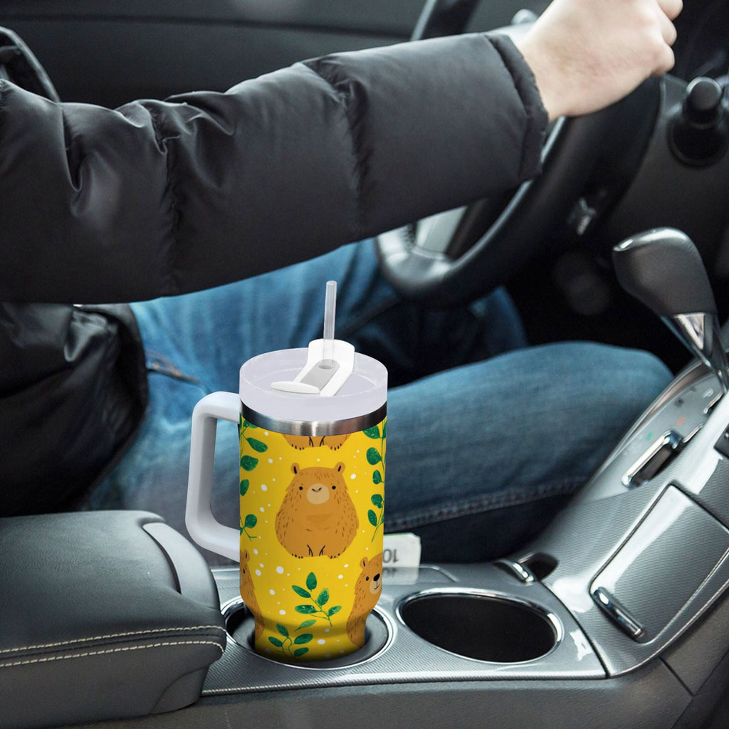 30 oz Insulated Stainless Steel Tumbler Double Wall Stainless Steel Tumbler with 2-Way Drinking Capybara and Green Leaves 35Y9