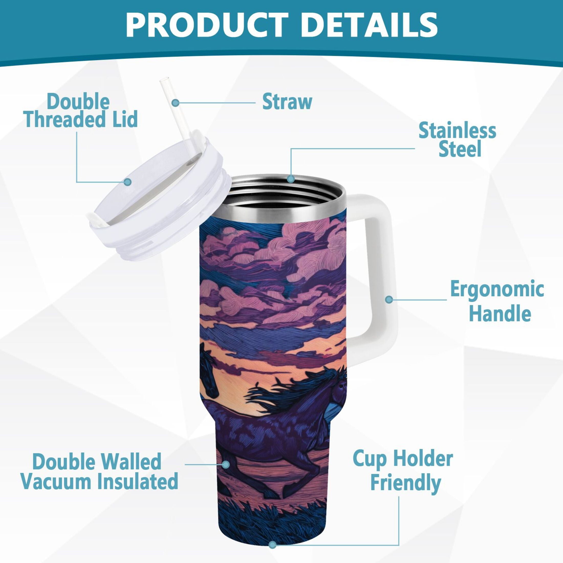 40 oz Insulated Stainless Steel Tumbler Double Wall Stainless Steel Tumbler with 2-Way Drinking Wild Horses Running L1OF