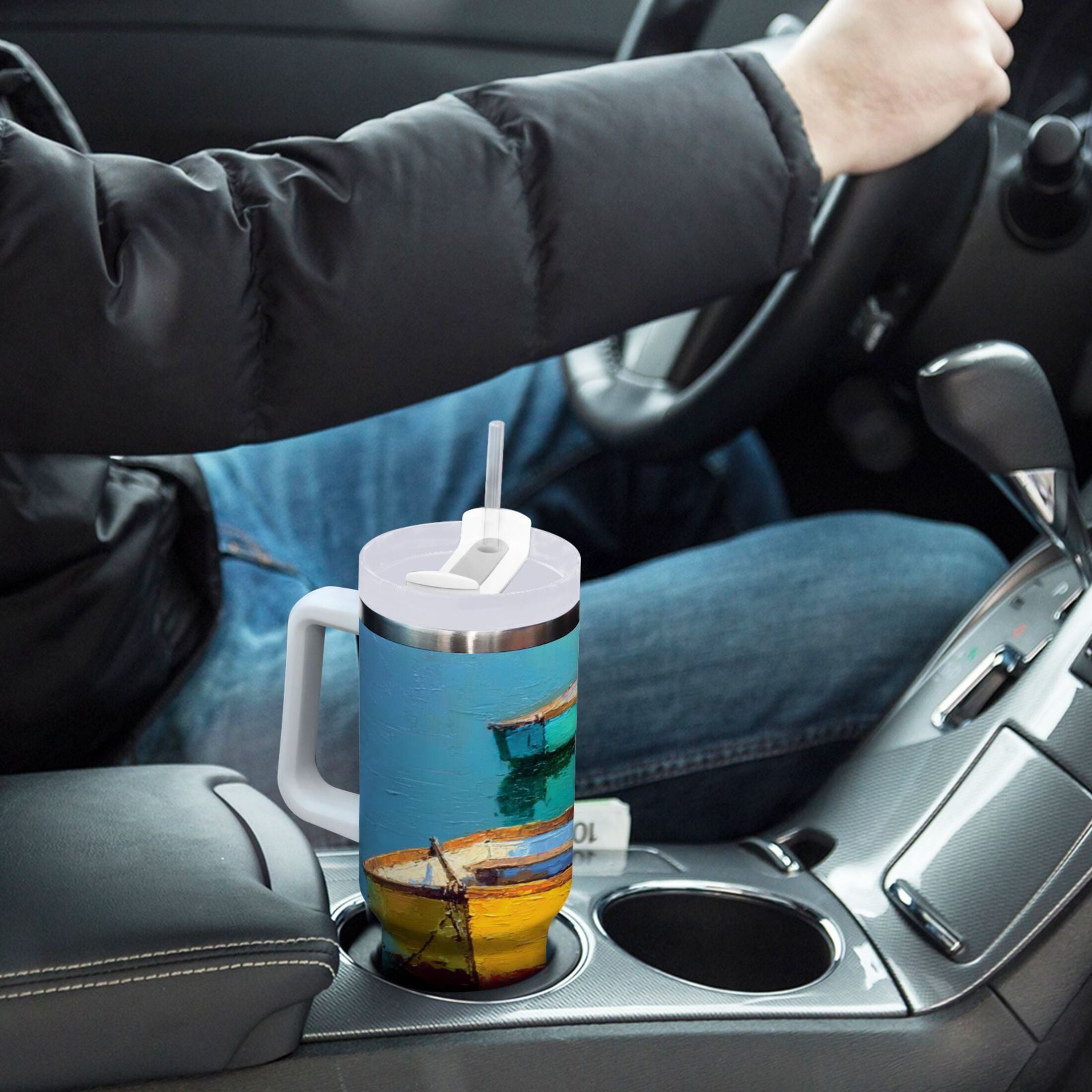 30 oz Insulated Stainless Steel Tumbler Double Wall Stainless Steel Tumbler with 2-Way Drinking Colorful Row Boats B56N