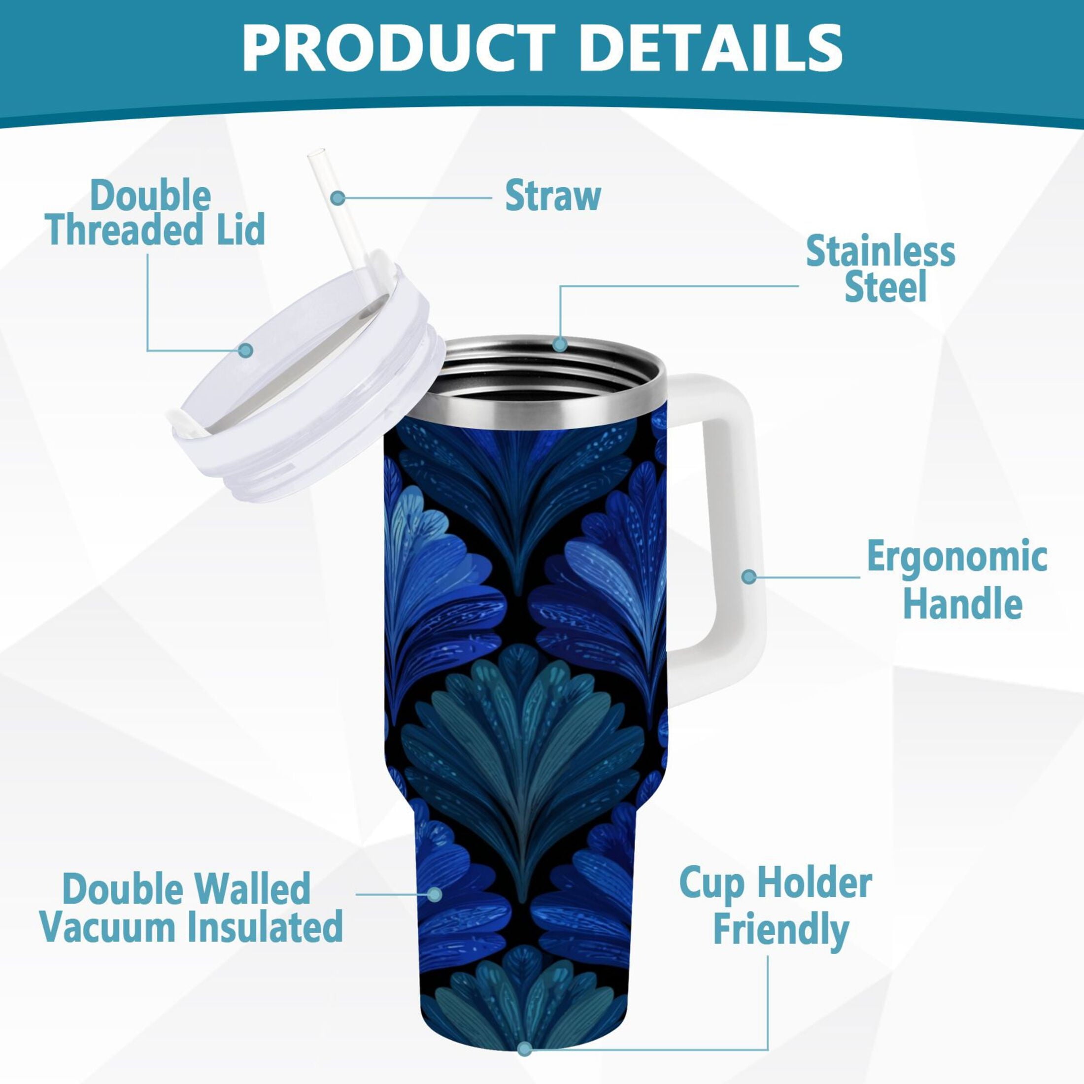30 oz Insulated Stainless Steel Tumbler Double Wall Stainless Steel Tumbler with 2-Way Drinking Blue Batik Leaves Pattern C787