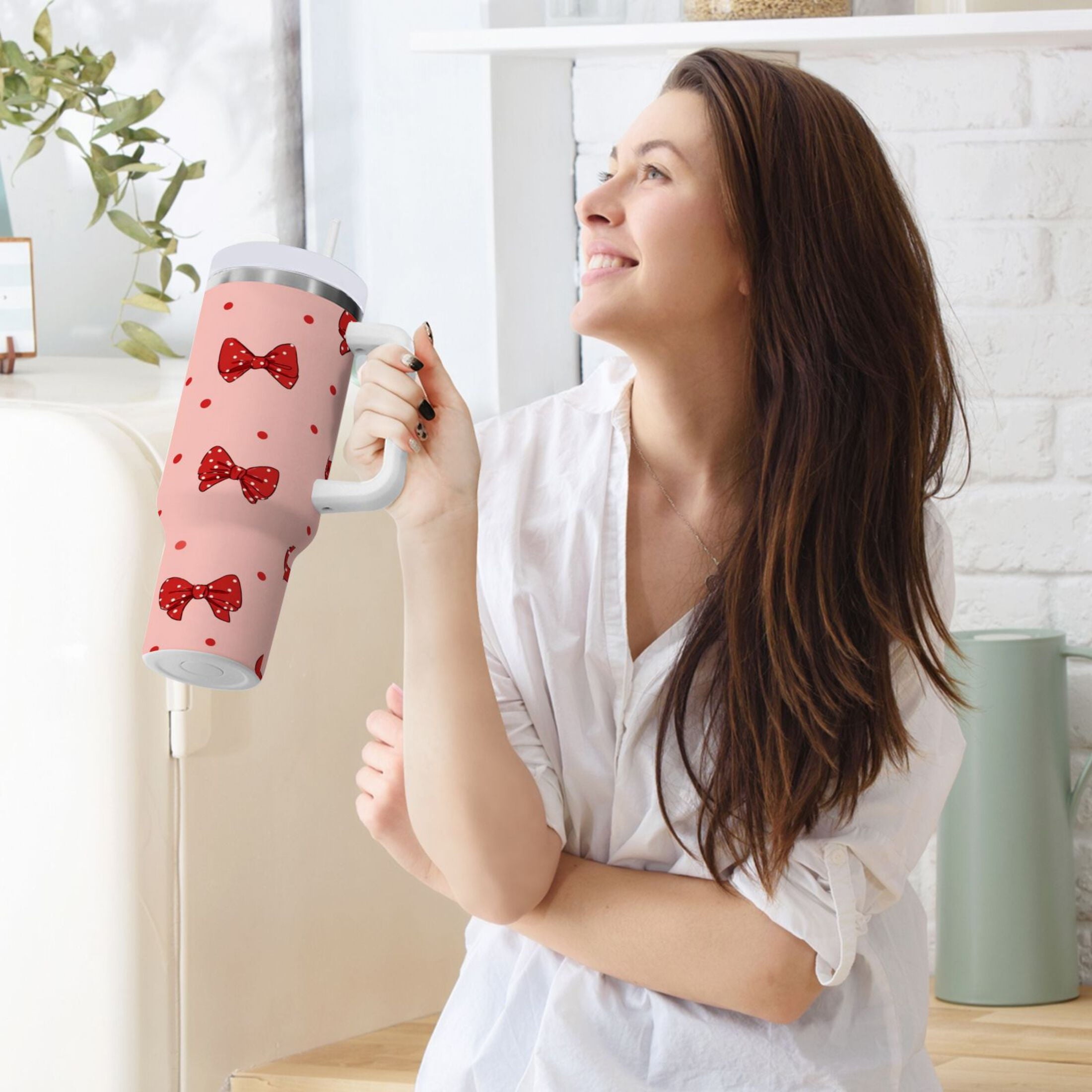40 oz Insulated Stainless Steel Tumbler Double Wall Stainless Steel Tumbler with 2-Way Drinking Red Bows and Polka Dots YVSX