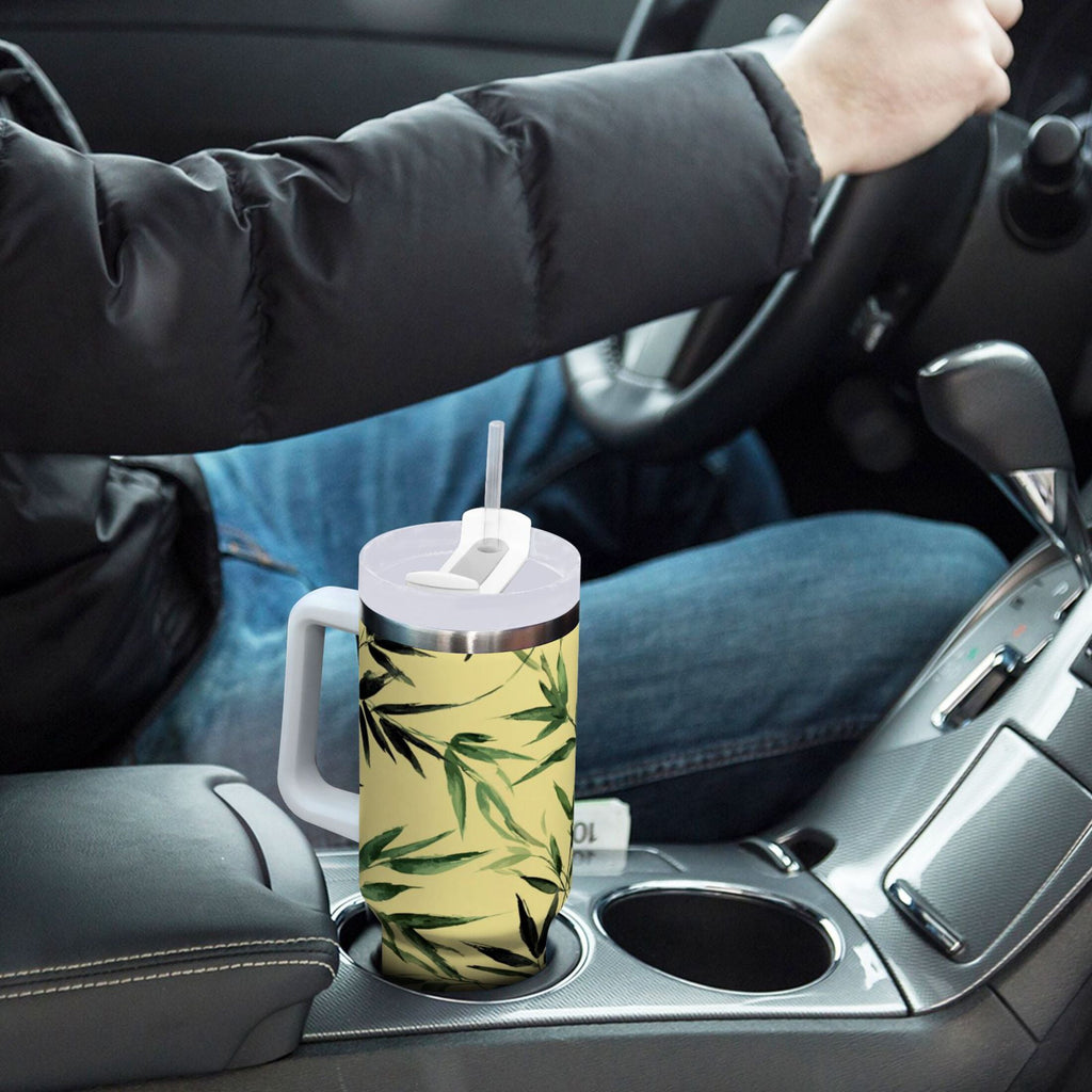 30 oz Insulated Stainless Steel Tumbler Double Wall Stainless Steel Tumbler with 2-Way Drinking Bamboo and Green Leaves 1GIA