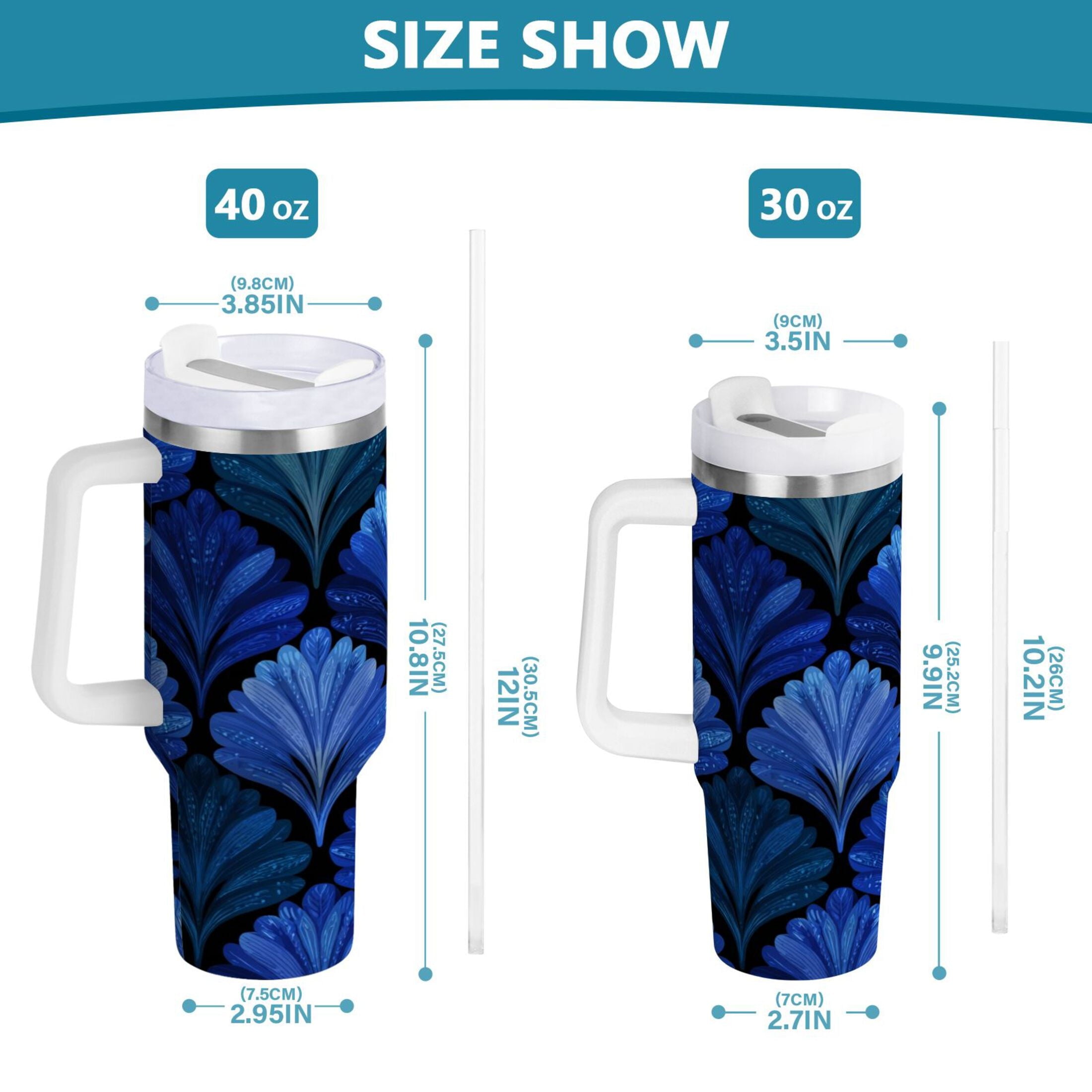 30 oz Insulated Stainless Steel Tumbler Double Wall Stainless Steel Tumbler with 2-Way Drinking Blue Batik Leaves Pattern C787