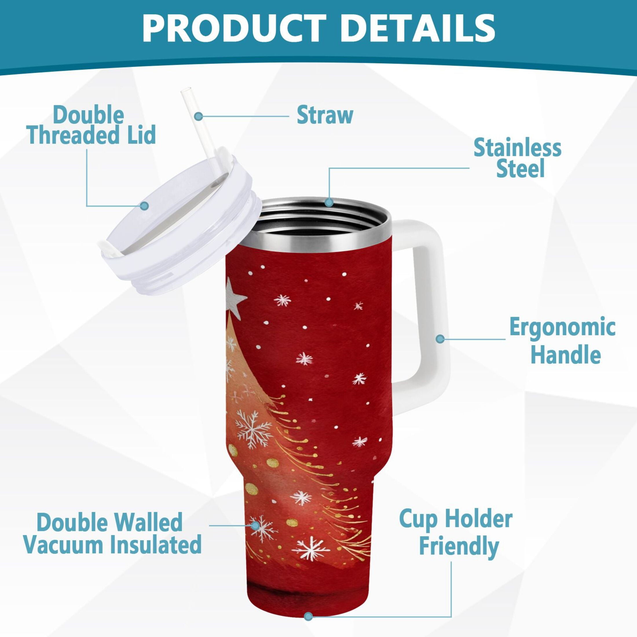40 oz Insulated Stainless Steel Tumbler Double Wall Stainless Steel Tumbler with 2-Way Drinking Red Christmas Tree KQTU