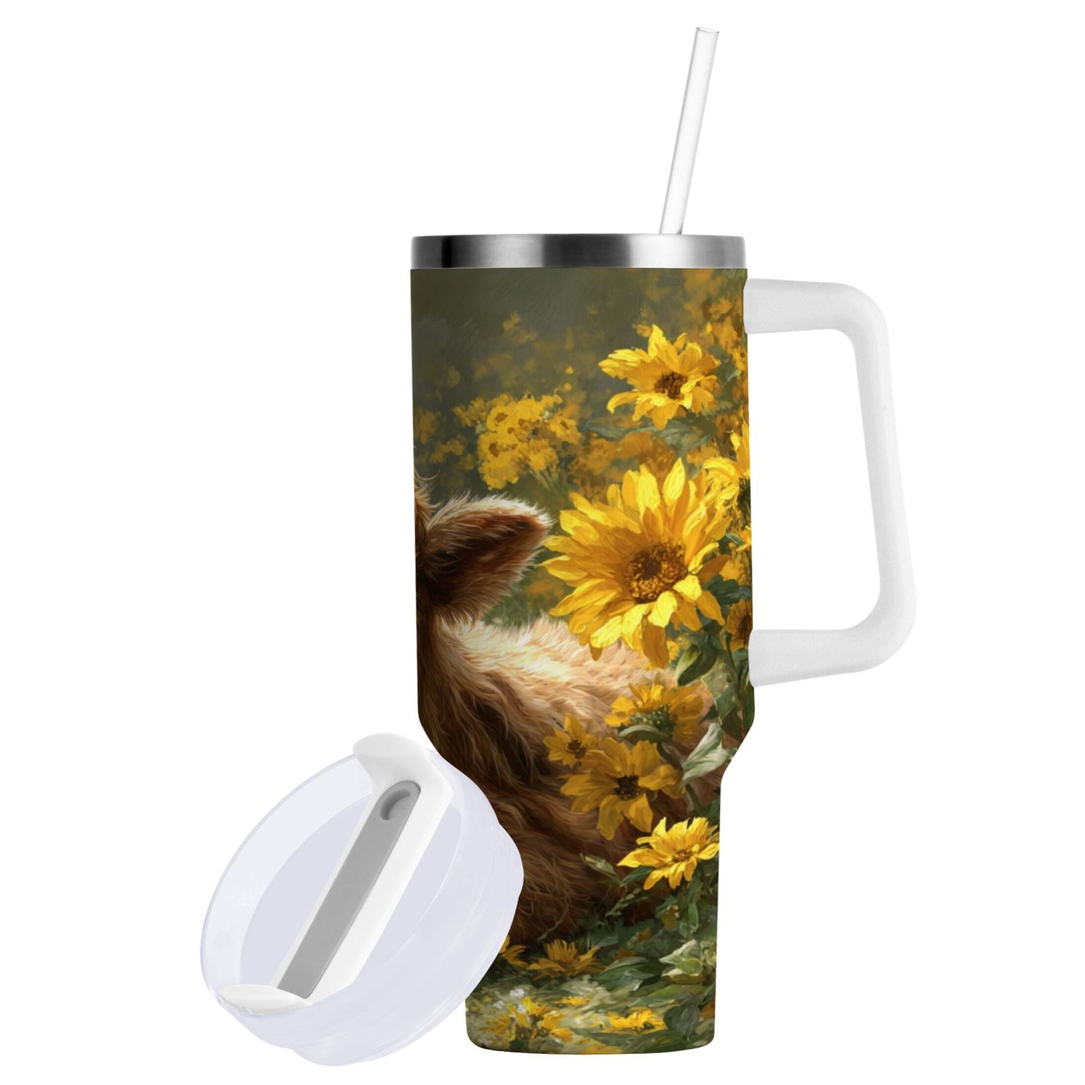 40 oz Insulated Stainless Steel Tumbler Double Wall Stainless Steel Tumbler with 2-Way Drinking Cow Lying in Sunflowers E1XS