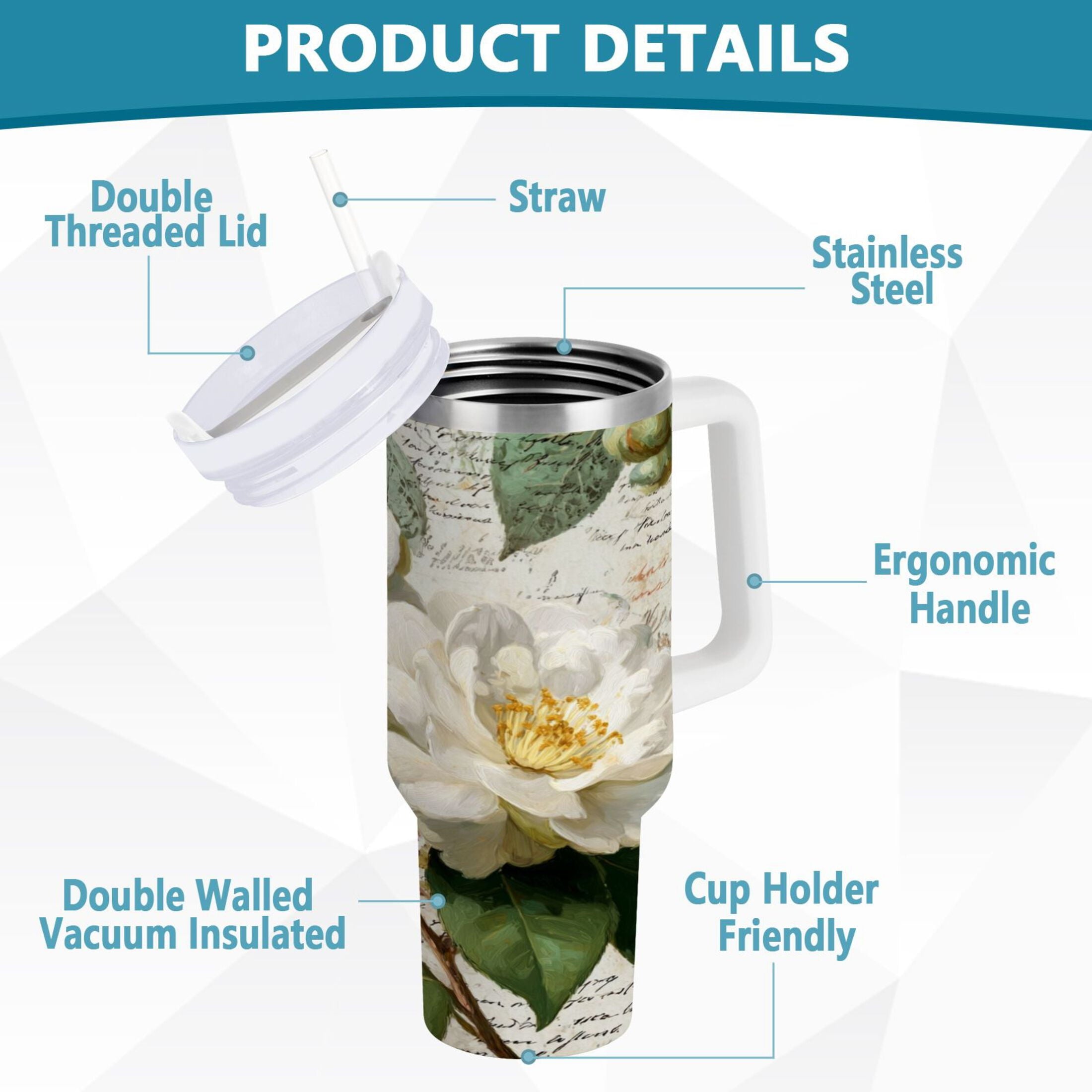 40 oz Insulated Stainless Steel Tumbler Double Wall Stainless Steel Tumbler with 2-Way Drinking Vintage White Camellias IBPN