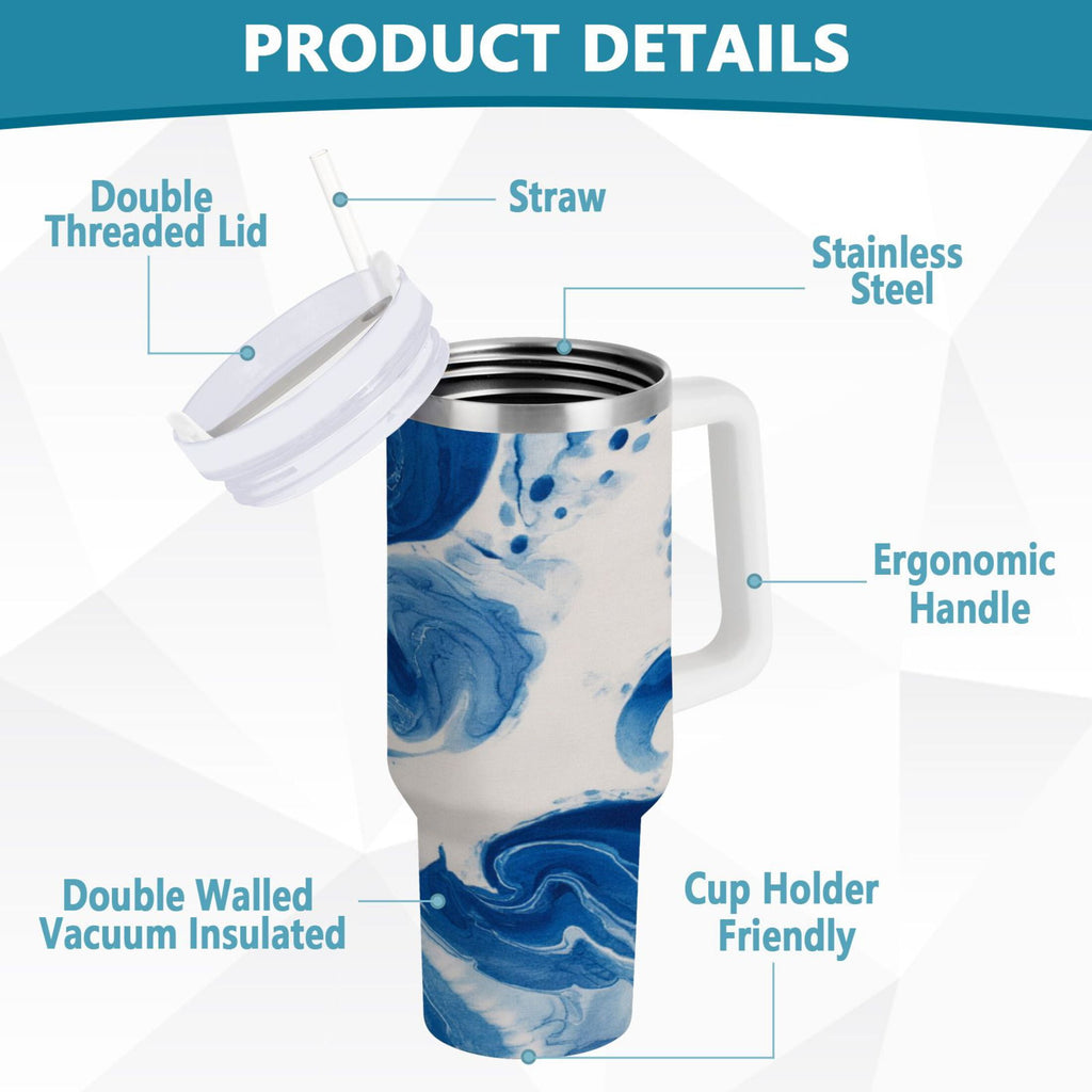 40 oz Insulated Stainless Steel Tumbler Double Wall Stainless Steel Tumbler with 2-Way Drinking Indigo Blue Tie-dye Pattern UEQA