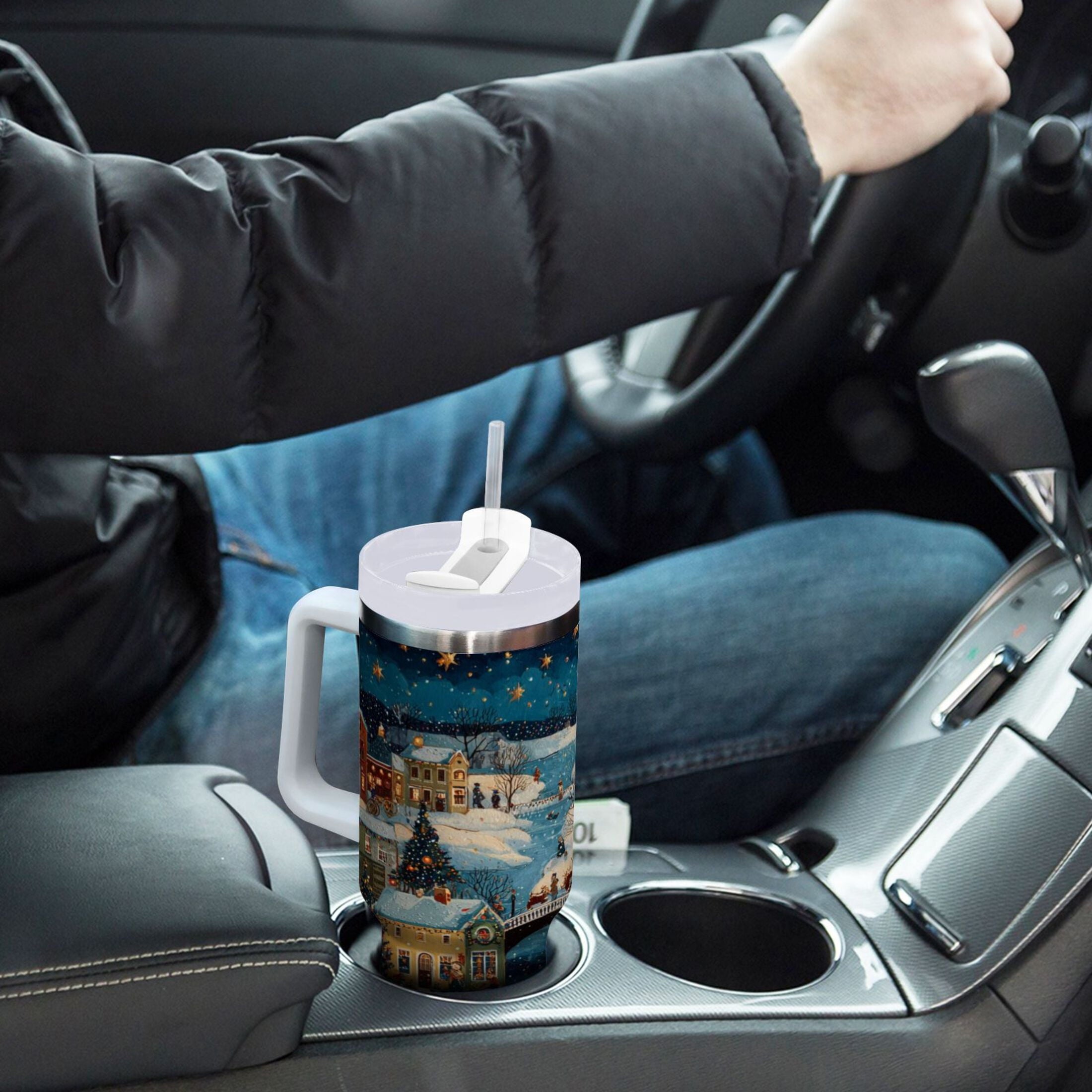 30 oz Insulated Stainless Steel Tumbler Double Wall Stainless Steel Tumbler with 2-Way Drinking Whimsical Christmas Scene WG28