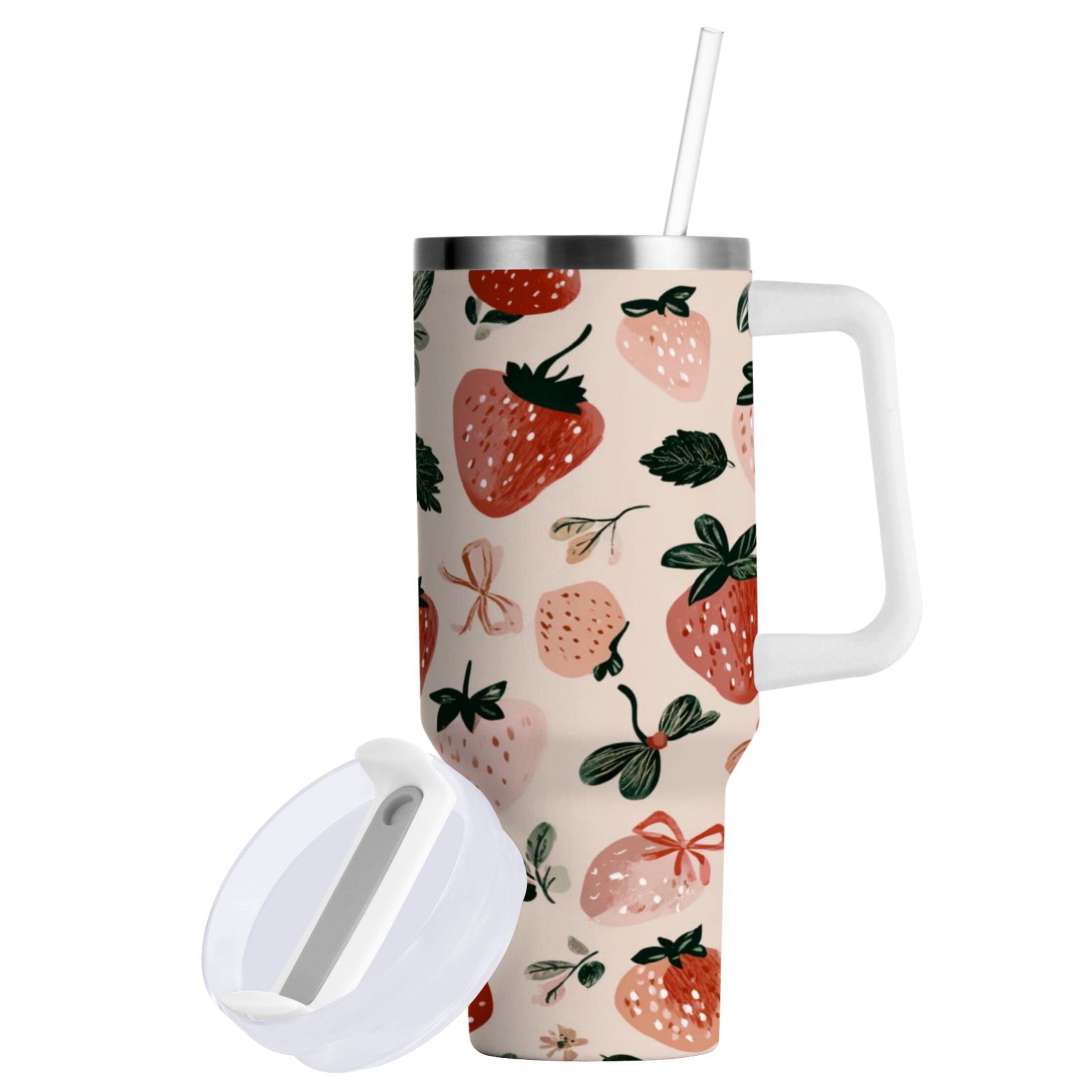 30 oz Insulated Stainless Steel Tumbler Double Wall Stainless Steel Tumbler with 2-Way Drinking Cute Pinks Strawberries WZLV