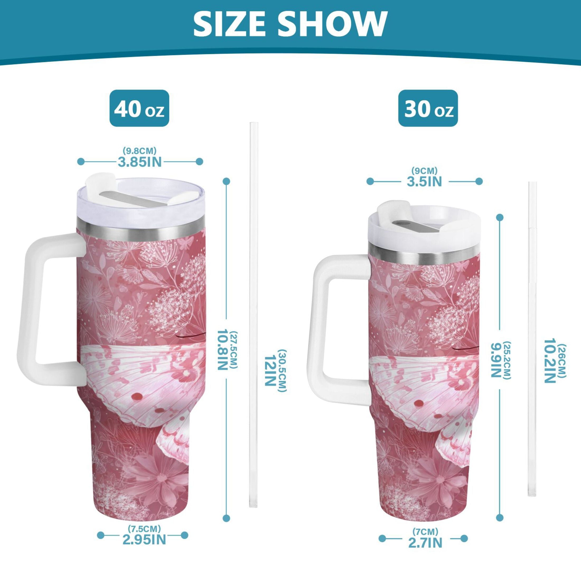 30 oz Insulated Stainless Steel Tumbler Double Wall Stainless Steel Tumbler with 2-Way Drinking Soft Pink Butterfly JRCR