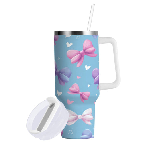 30 oz Insulated Stainless Steel Tumbler Double Wall Stainless Steel Tumbler with 2-Way Drinking Pink and Purple Bows F2KL
