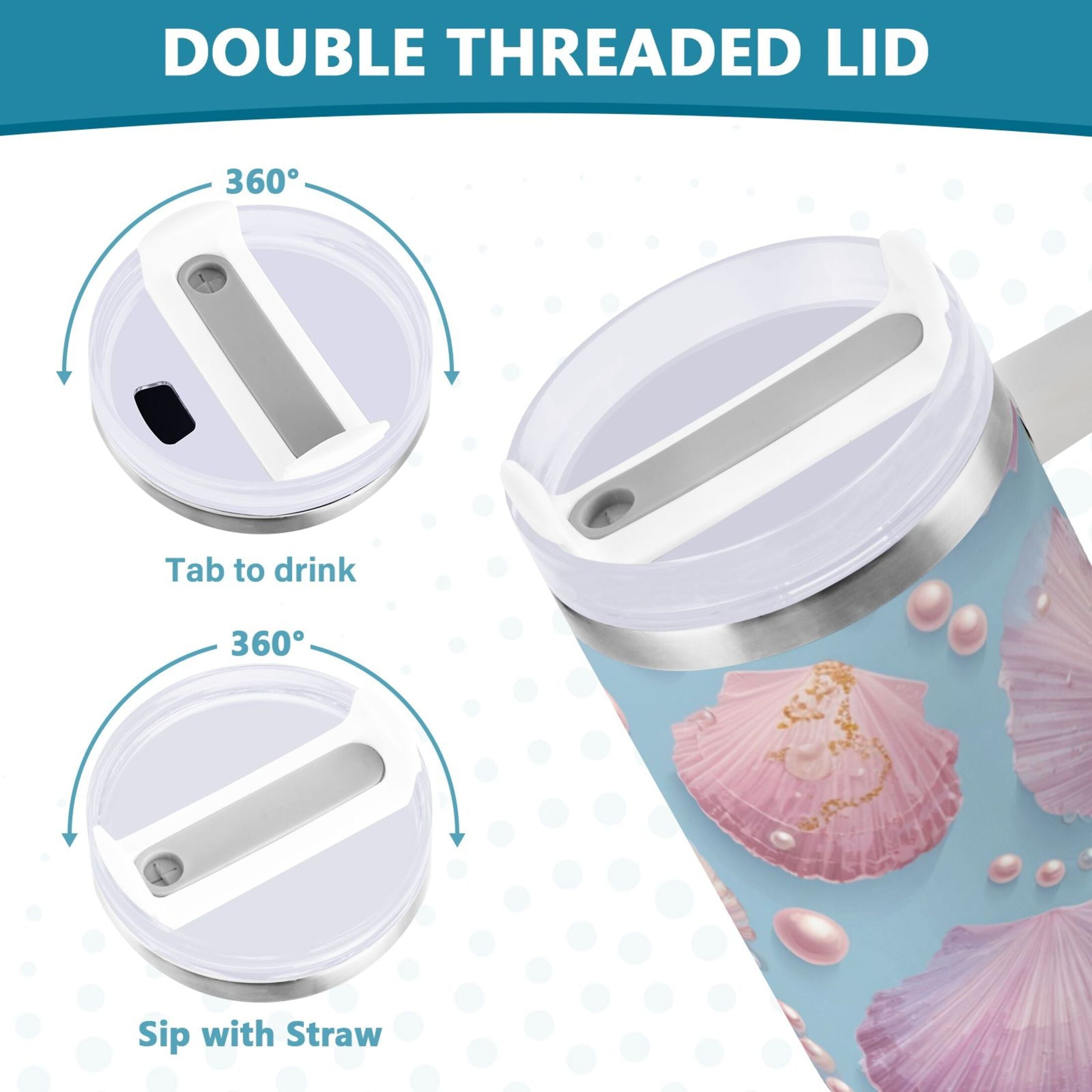 40 oz Insulated Stainless Steel Tumbler Double Wall Stainless Steel Tumbler with 2-Way Drinking Seashells and Pearls Pattern D63B