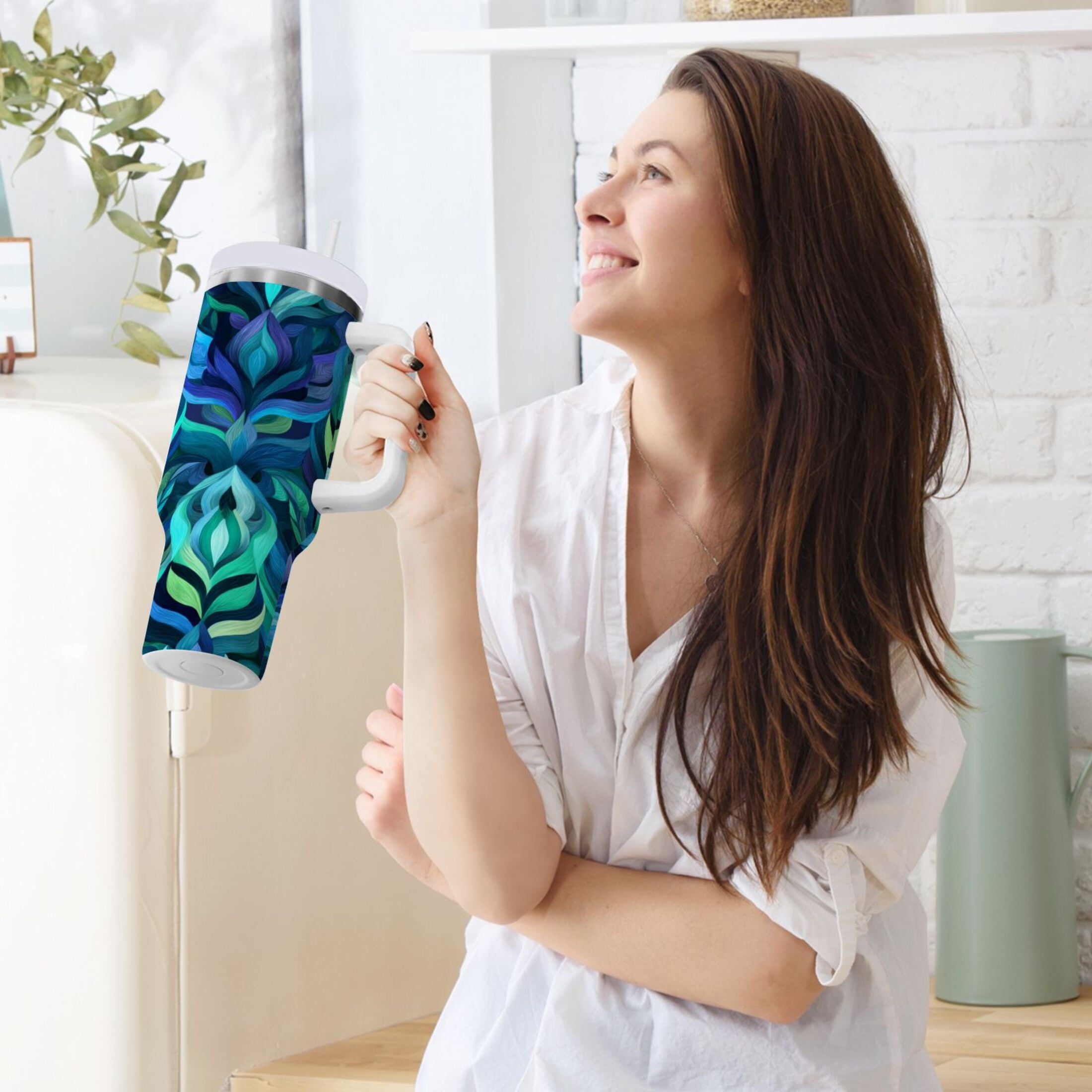 40 oz Insulated Stainless Steel Tumbler Double Wall Stainless Steel Tumbler with 2-Way Drinking Elegant Blue Abstract Shapes 8BDA