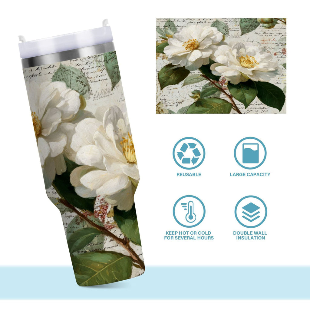 40 oz Insulated Stainless Steel Tumbler Double Wall Stainless Steel Tumbler with 2-Way Drinking Vintage White Camellias IBPN