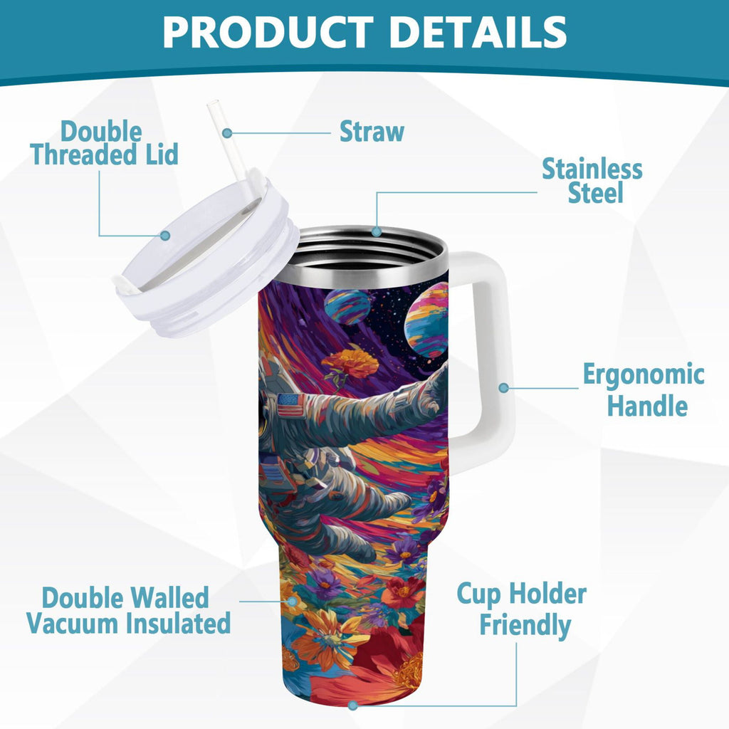 40 oz Insulated Stainless Steel Tumbler Double Wall Stainless Steel Tumbler with 2-Way Drinking Colorful Flowers and Planets 3M68