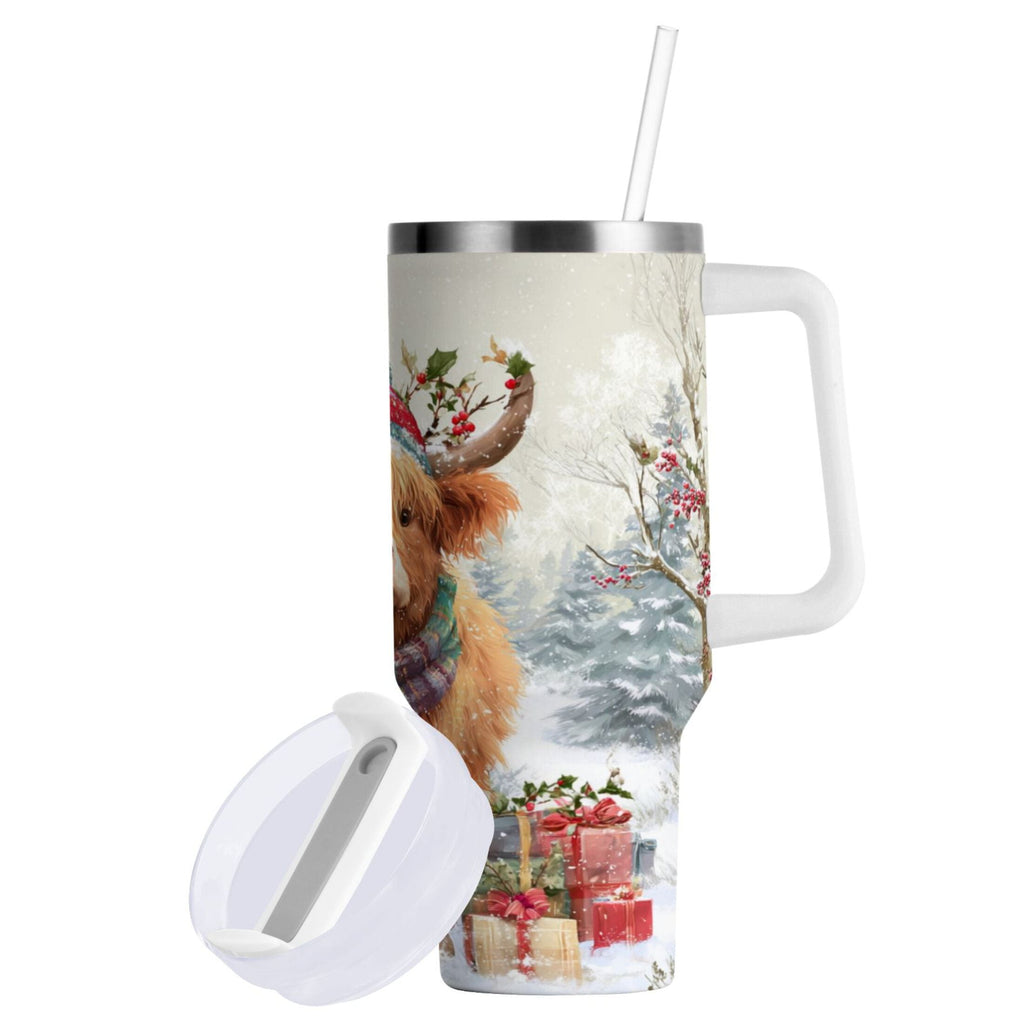 30 oz Insulated Stainless Steel Tumbler Double Wall Stainless Steel Tumbler with 2-Way Drinking Cow Wearing Christmas Hat QK74