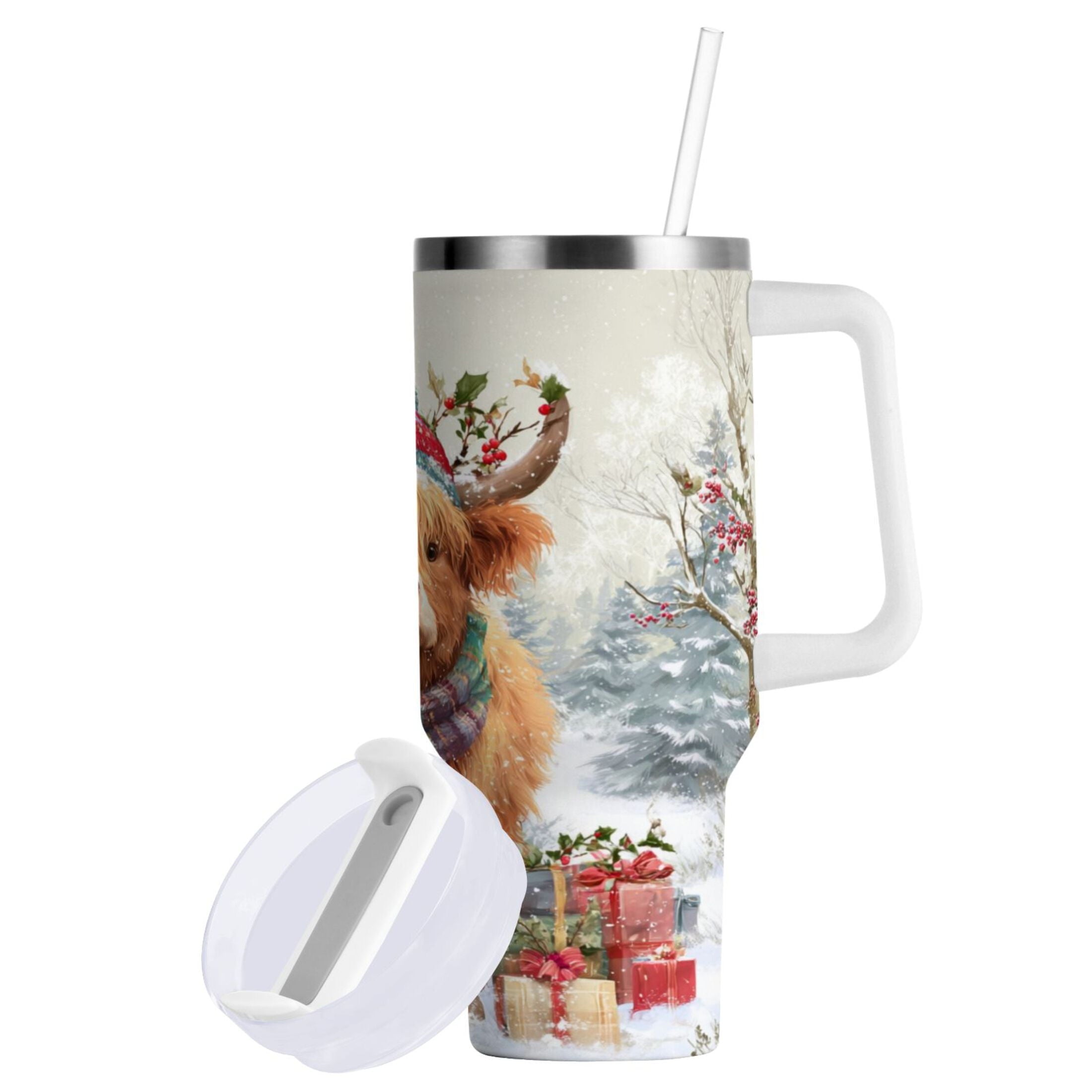 30 oz Insulated Stainless Steel Tumbler Double Wall Stainless Steel Tumbler with 2-Way Drinking Cow Wearing Christmas Hat QK74