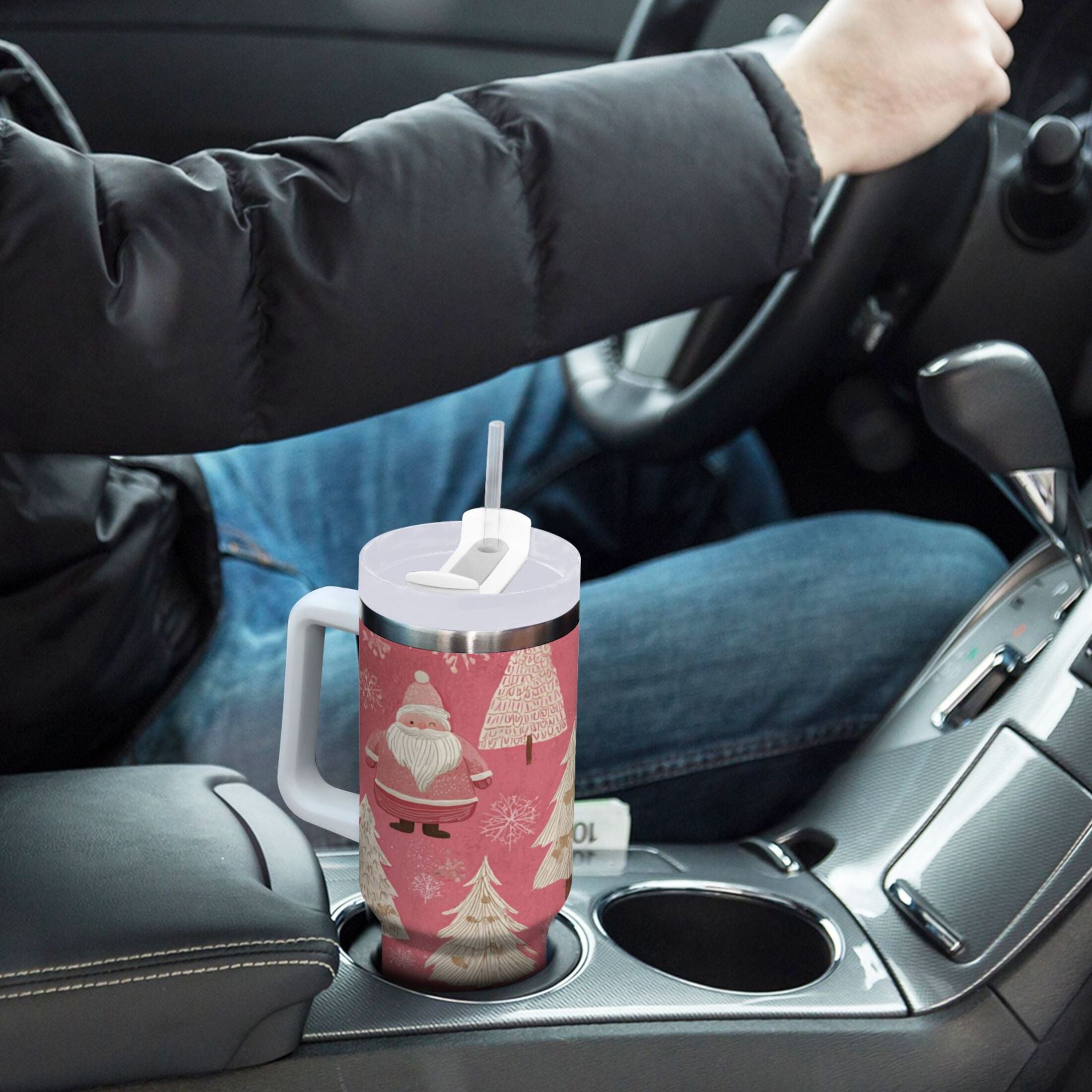 40 oz Insulated Stainless Steel Tumbler Double Wall Stainless Steel Tumbler with 2-Way Drinking Pink Santa Claus Pattern 5XYO