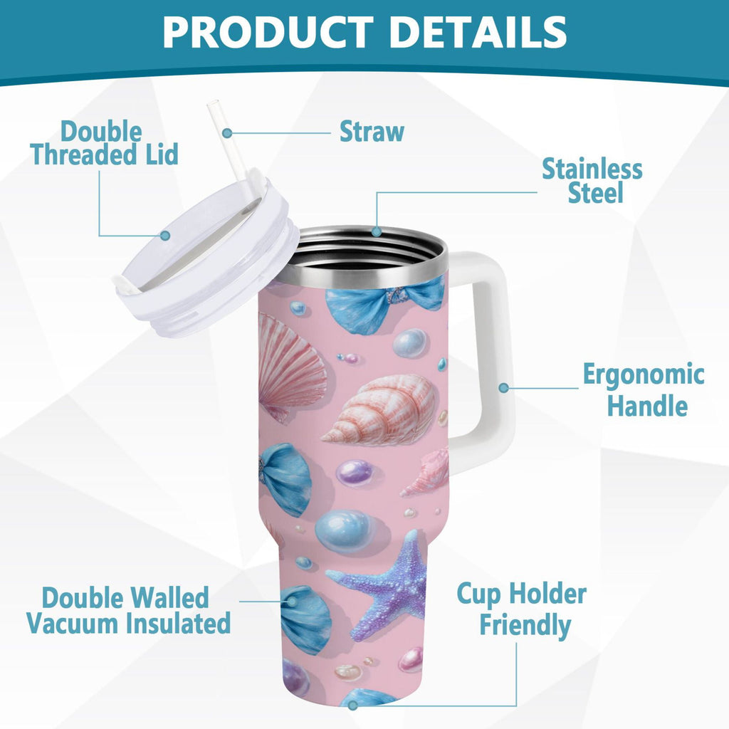 30 oz Insulated Stainless Steel Tumbler Double Wall Stainless Steel Tumbler with 2-Way Drinking Seashells and Bows XXPO