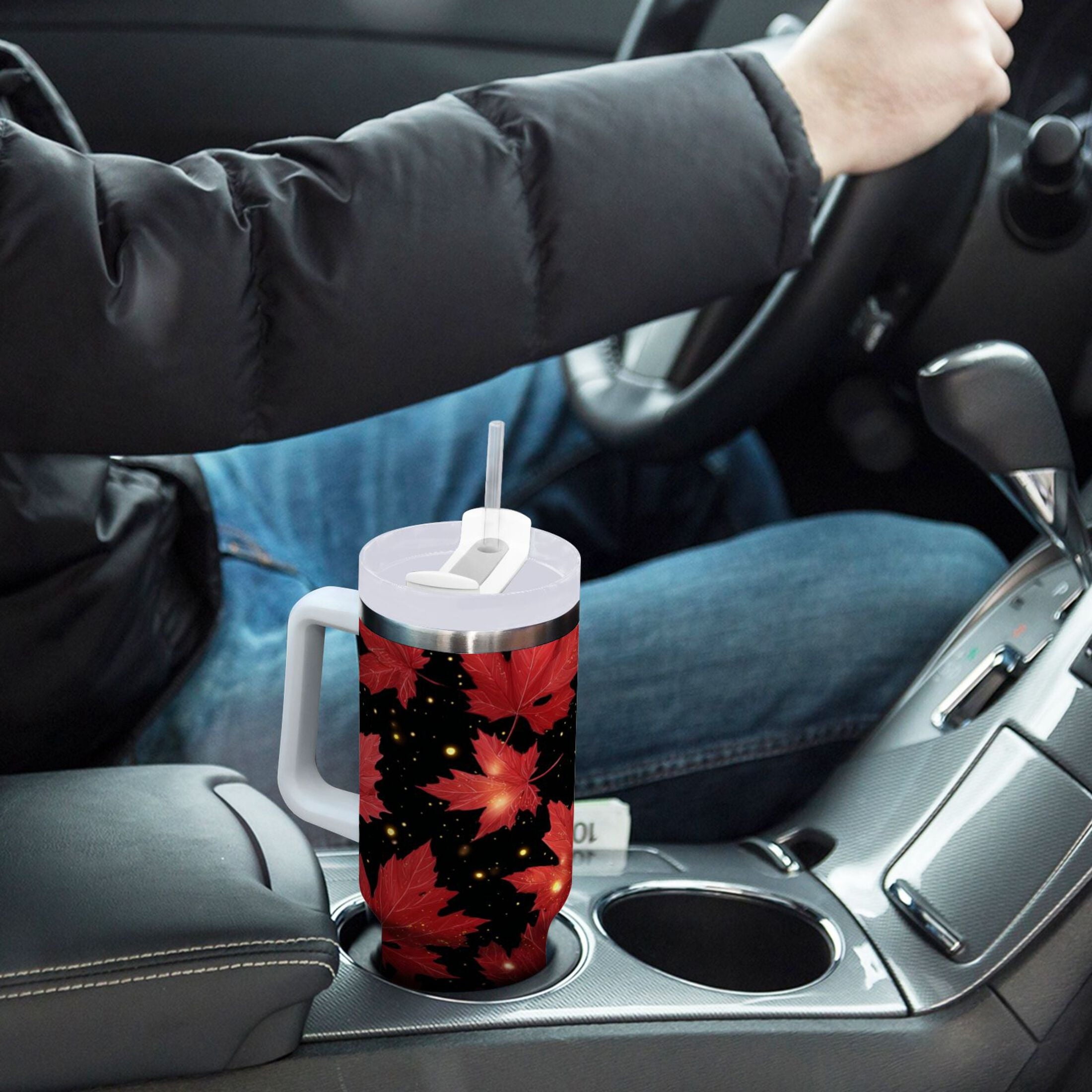40 oz Insulated Stainless Steel Tumbler Double Wall Stainless Steel Tumbler with 2-Way Drinking Maple Leaves and Fireflies L4DA