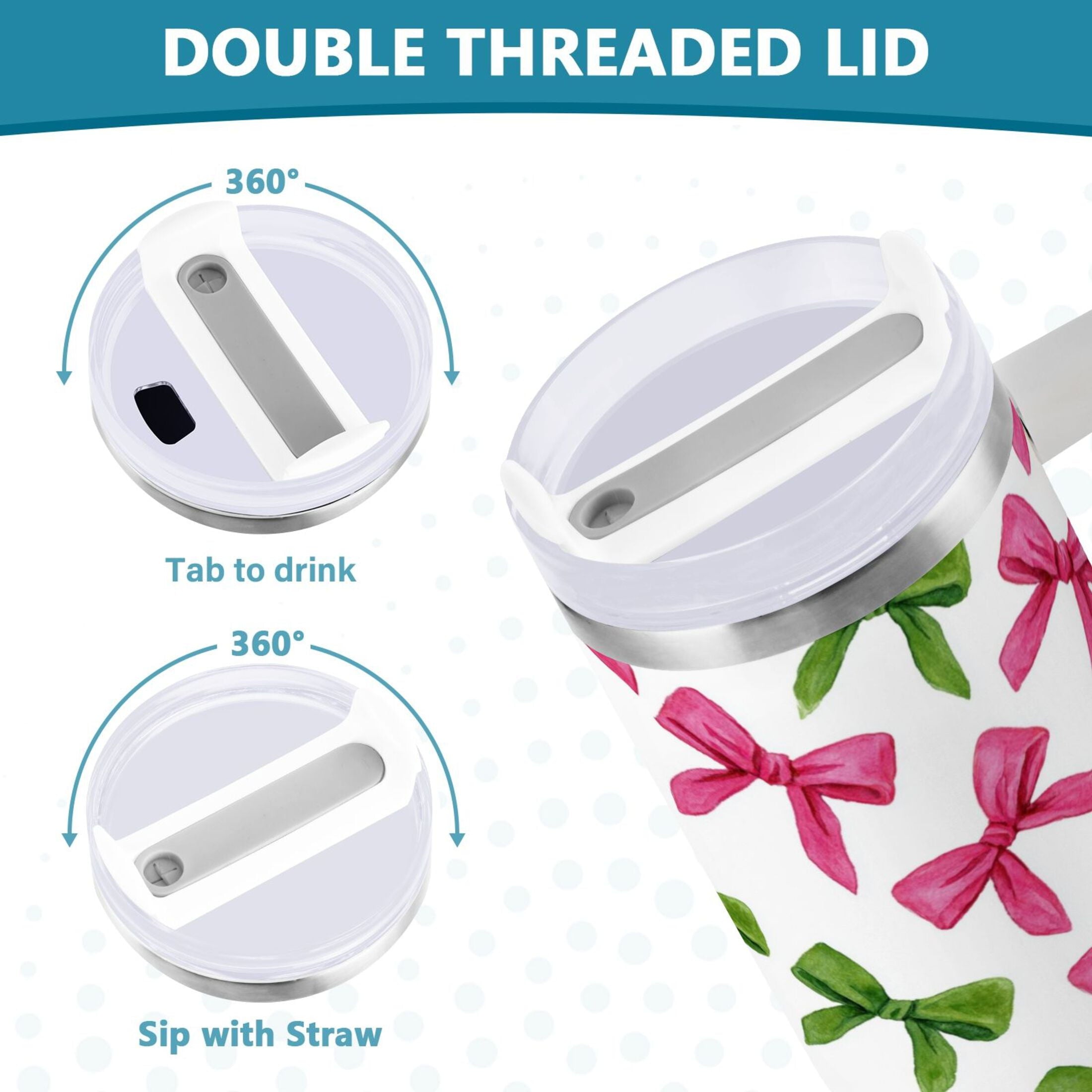 30 oz Insulated Stainless Steel Tumbler Double Wall Stainless Steel Tumbler with 2-Way Drinking Pink Bows and Green Ribbons J3SY