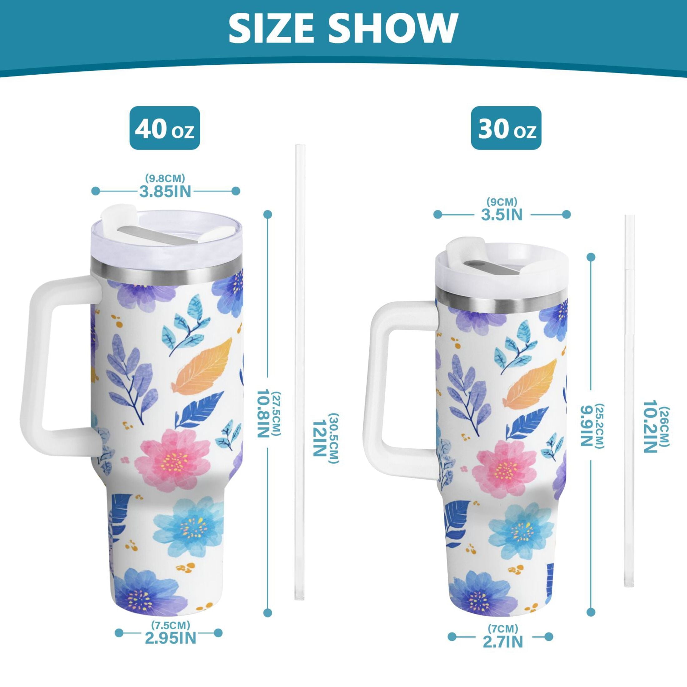 30 oz Insulated Stainless Steel Tumbler Double Wall Stainless Steel Tumbler with 2-Way Drinking Blue and Purple Flowers 48W9
