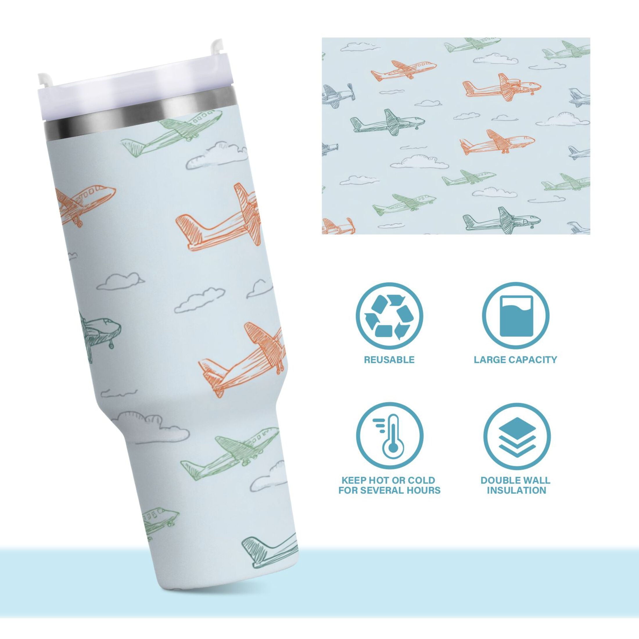 30 oz Insulated Stainless Steel Tumbler Double Wall Stainless Steel Tumbler with 2-Way Drinking Pastel Doodle Airplanes SUOH