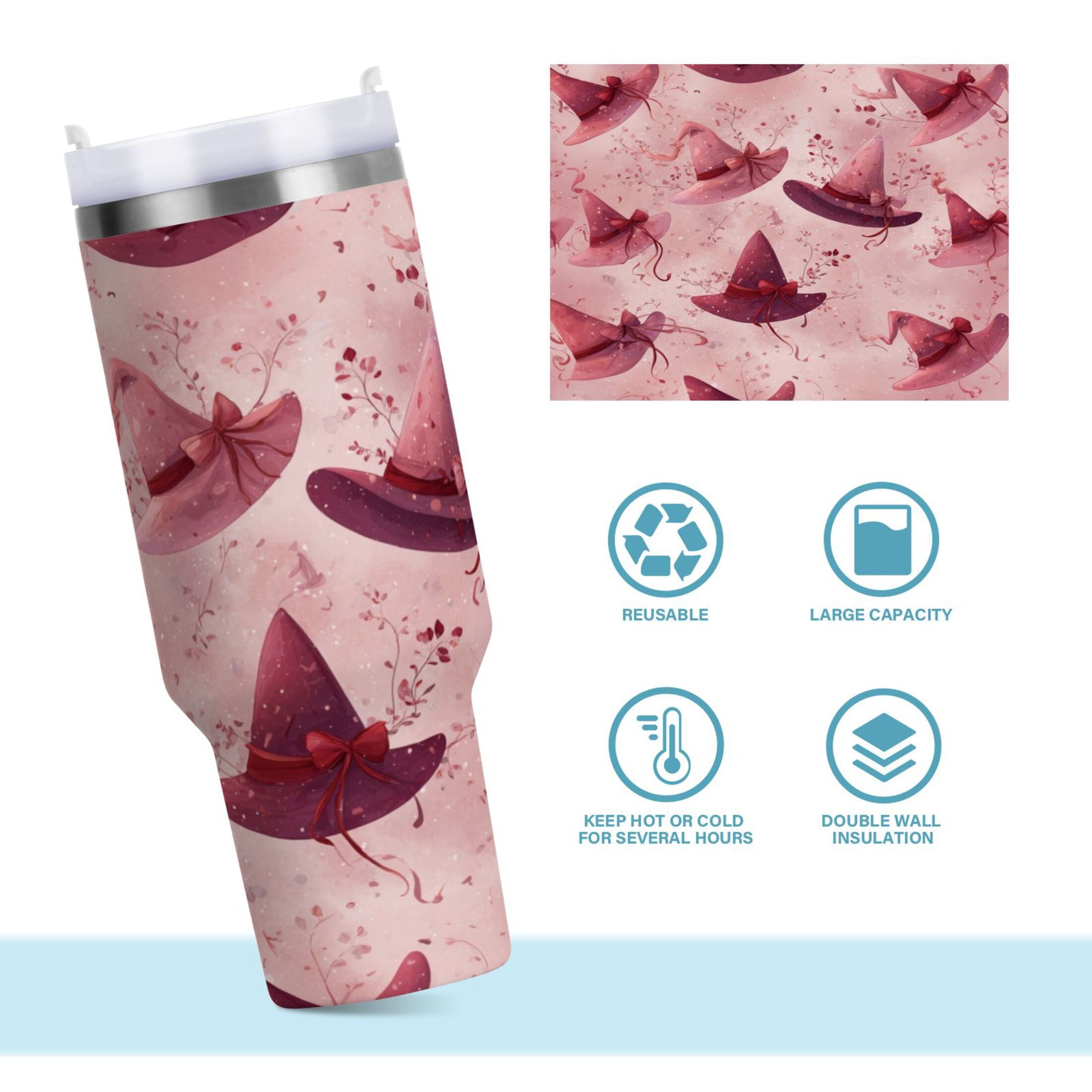 30 oz Insulated Stainless Steel Tumbler Double Wall Stainless Steel Tumbler with 2-Way Drinking Hats with Delicate Bows D5SU