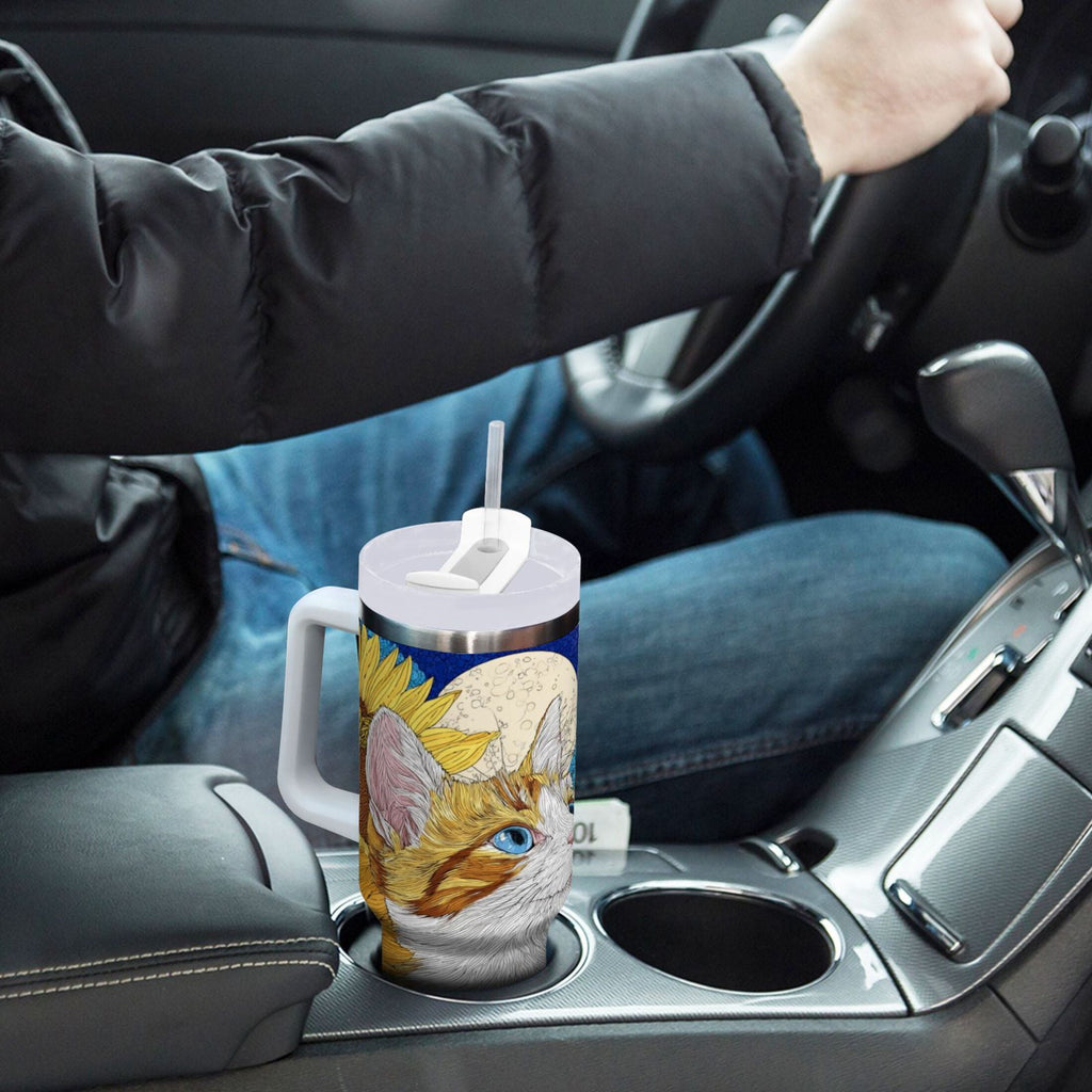 40 oz Insulated Stainless Steel Tumbler Double Wall Stainless Steel Tumbler with 2-Way Drinking Cat Lies in The Sunflowers J4EV