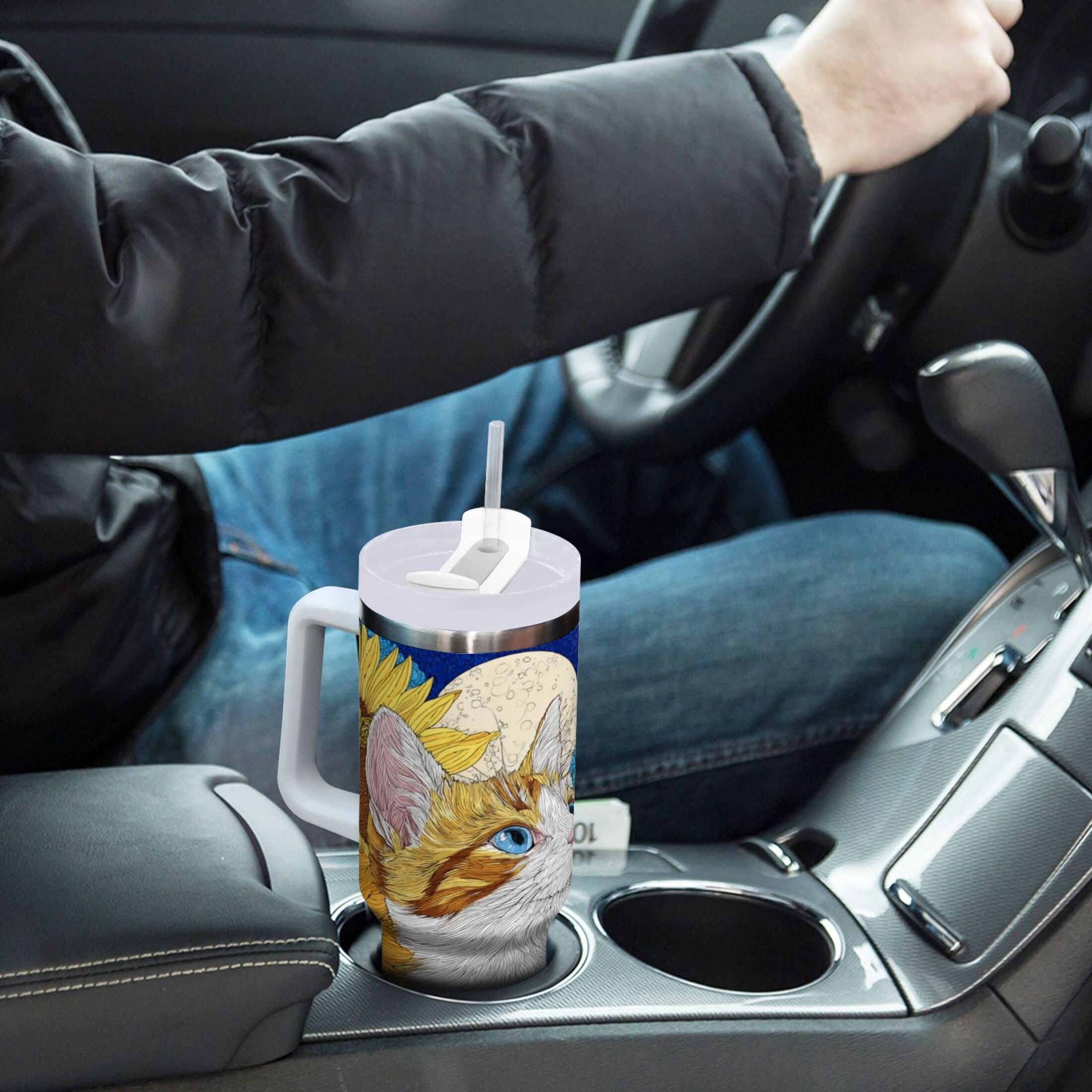 40 oz Insulated Stainless Steel Tumbler Double Wall Stainless Steel Tumbler with 2-Way Drinking Cat Lies in The Sunflowers J4EV